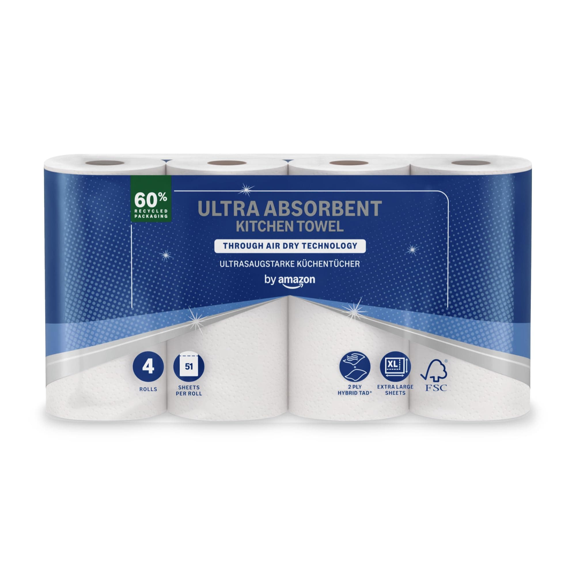 by Amazon Ultrasaugfähige TAD Küchenrolle, 4 Rollen (1er-Pack), 51 Blatt pro Rolle, FSC-Zertifiziert