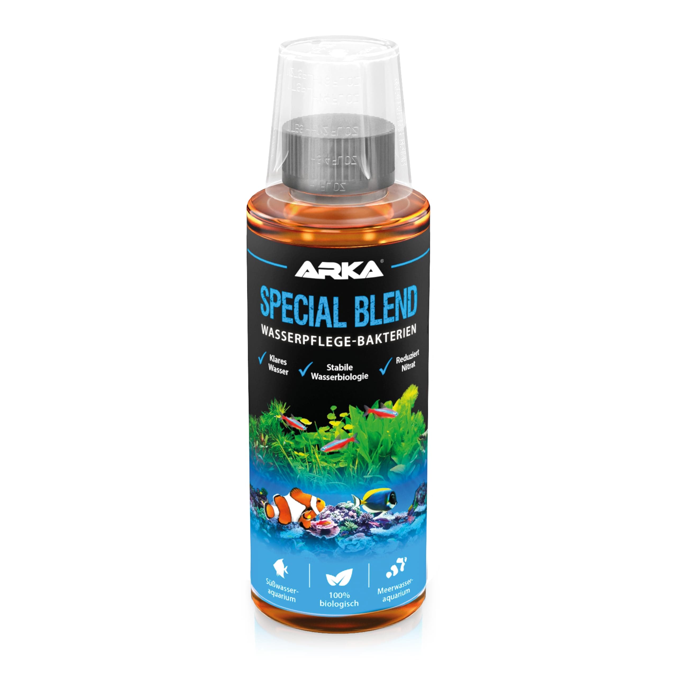 Aquarium Bakterien 118 ml – 100% biologische Reinigungsbakterien für Süß- & Meerwasser – reduziert organische Abfälle, Gerüche & Nitrat – für klares Wasser und stabile Biologie – ARKA Special Blend
