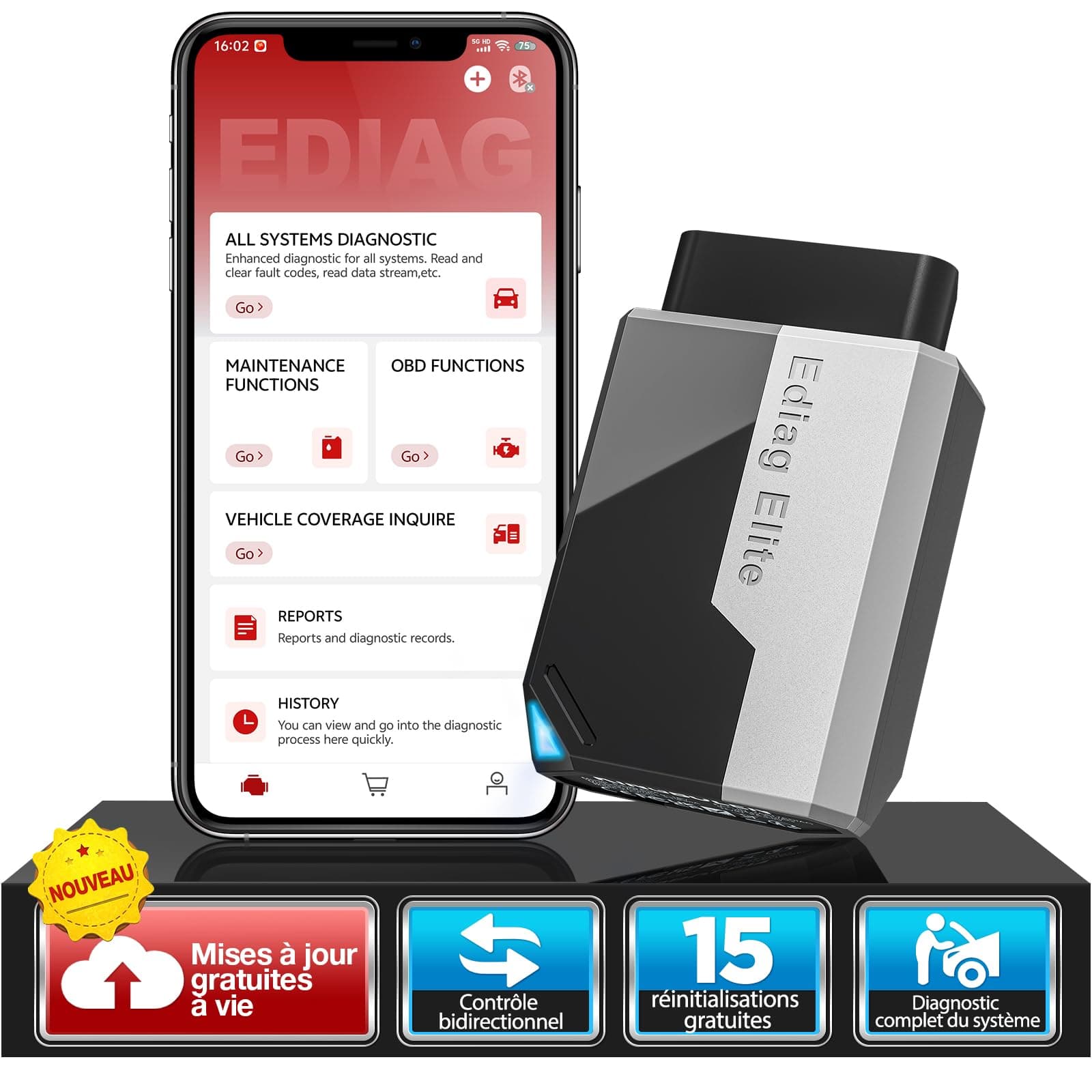 KINGBOLEN Ediag Elite OBD2 Diagnostic Français, Valise Diagnostic Auto avec Test Actif, 15+ réinitialisations, Outil de Diagnostic de Voiture pour Tous Les systèmes, Mise à Jour Gratuite à Vie