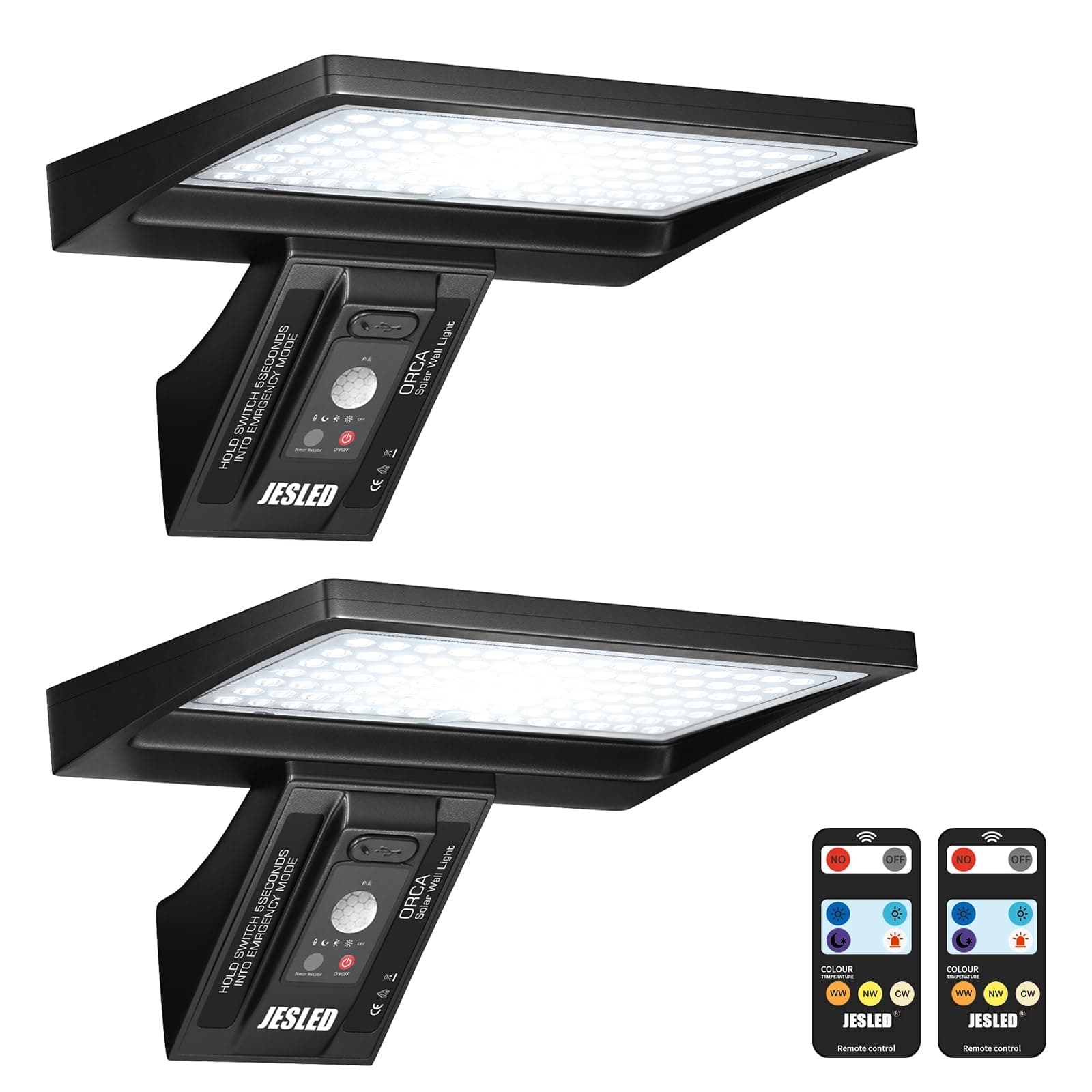 JESLED Luz Solar Exterior con Control Remoto, 104LED Focos Solares, IP65 Impermeable, 3 Colores, 4 Modos con Sensor De Movimiento para Jardín, Garaje, Camino, 2 Paquete