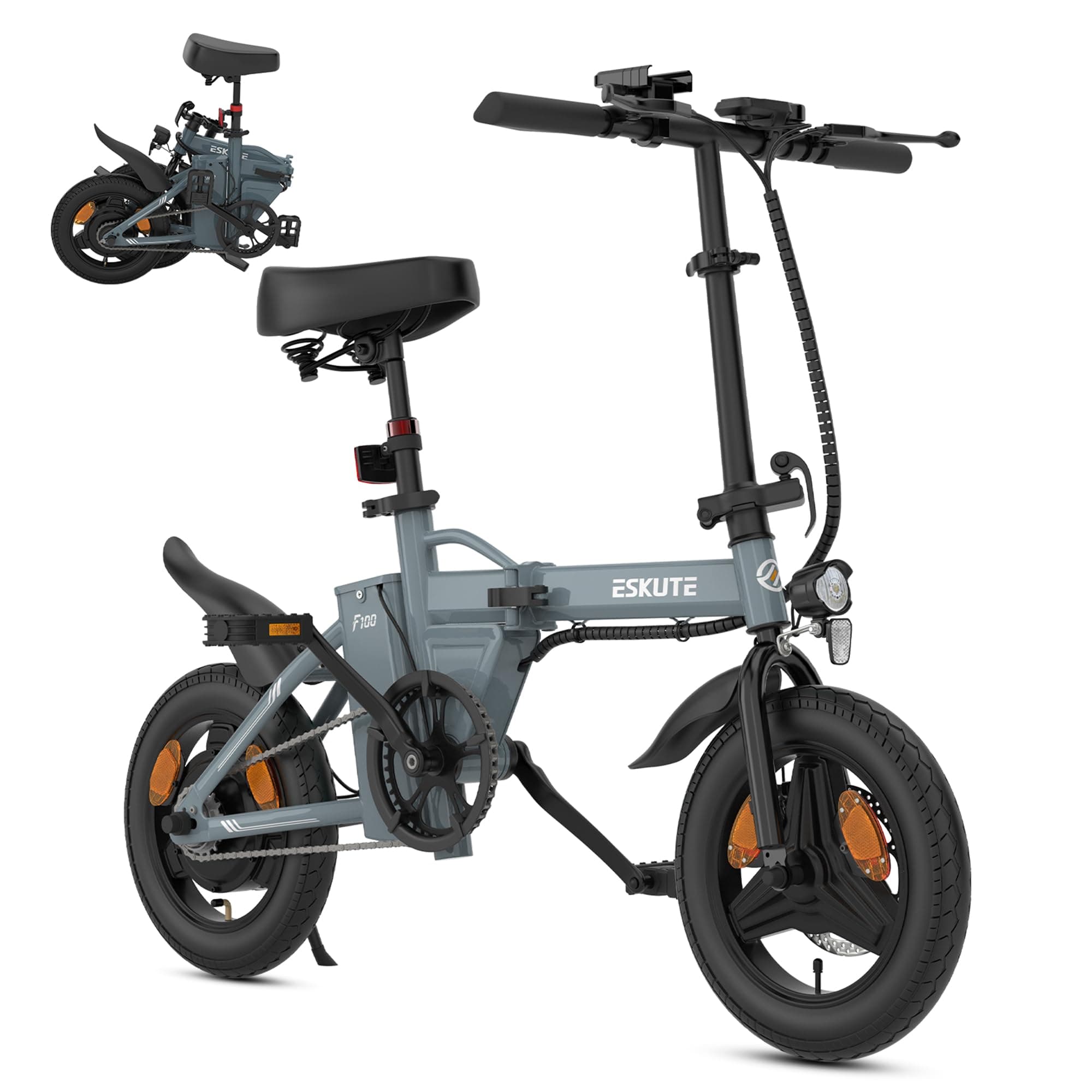 ESKUTE F100 Bici Elettrica Per Adulti, 14" Pieghevole Bicicletta Elettrica, Batteria 36V 9Ah, 25 km/h & Autonomia 25-50 km, Display LCD, Supporto USB, Sella Ergonomica, Ebike per Pendolari Urbani
