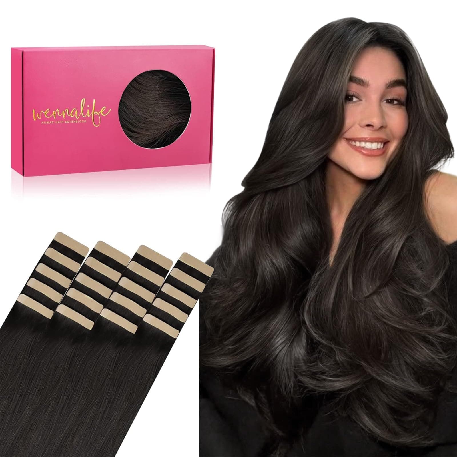 WENNALIFE Extension Capelli Veri Biadesivo, 20pz 35cm 50g Marrone Scuro Extension Biadesive Capelli Veri Lisci Remy Tape in Hair Extensions Capelli Setosi