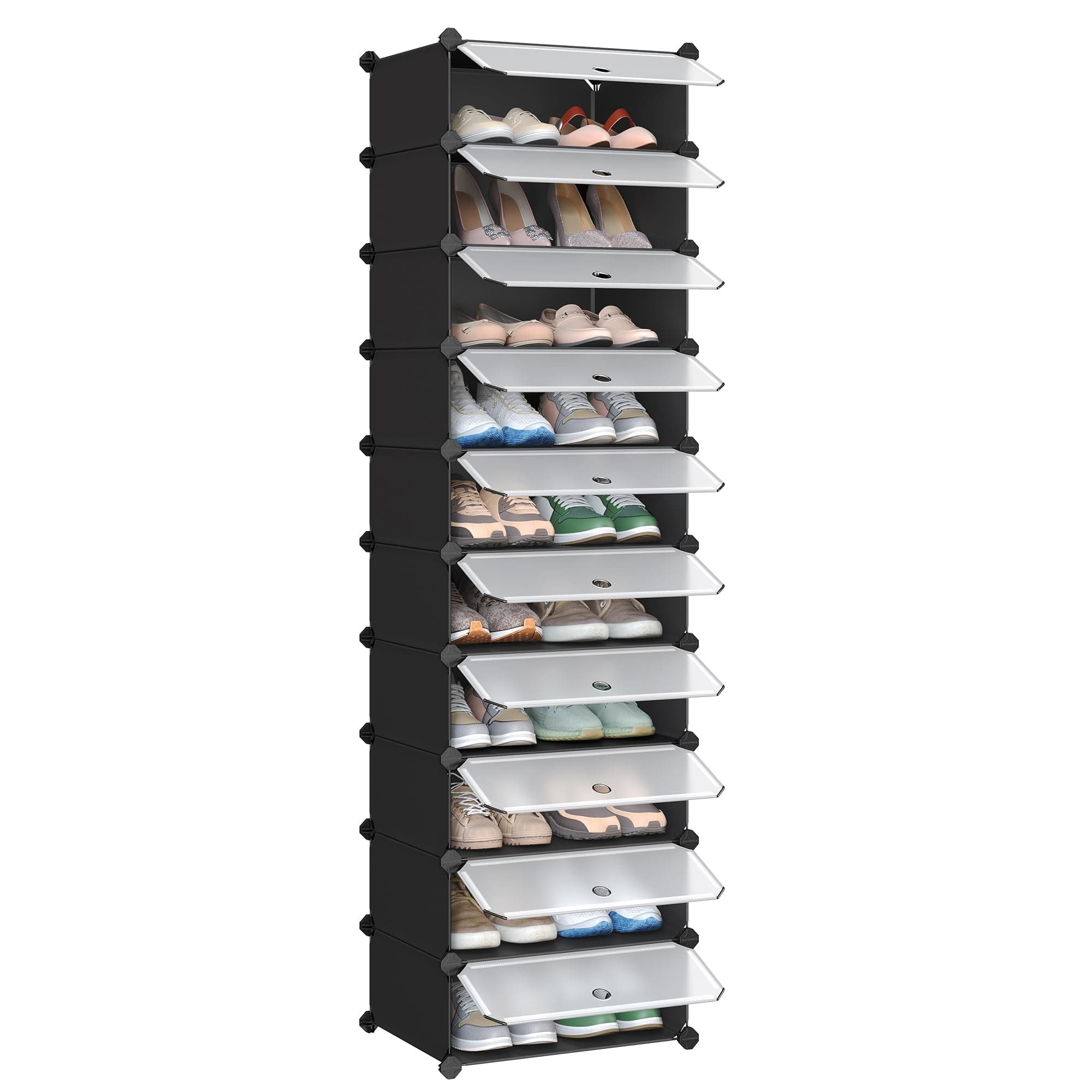 SONGMICS Schuhregal, Steckregal, Regalsystem, Schuh-Organizer, DIY-Regal, mit Tür, aus PP-Kunststoff, 10 Ebenen, schwarz LPC10HV1