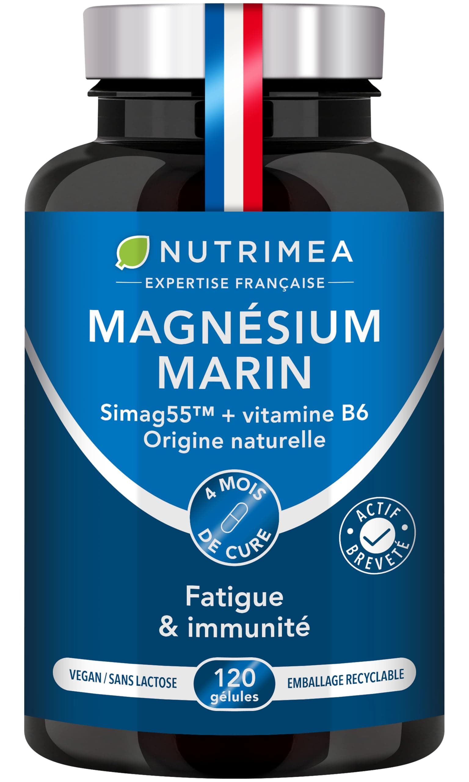 Magnésium Marin et Vitamine B6 | Breveté Simag55™ | Combat Efficacement la Fatigue | 150 mg/jour | 120 Gélules d'Origine Végétale | 4 Mois de Cure | Fabrication Française | Nutrimea