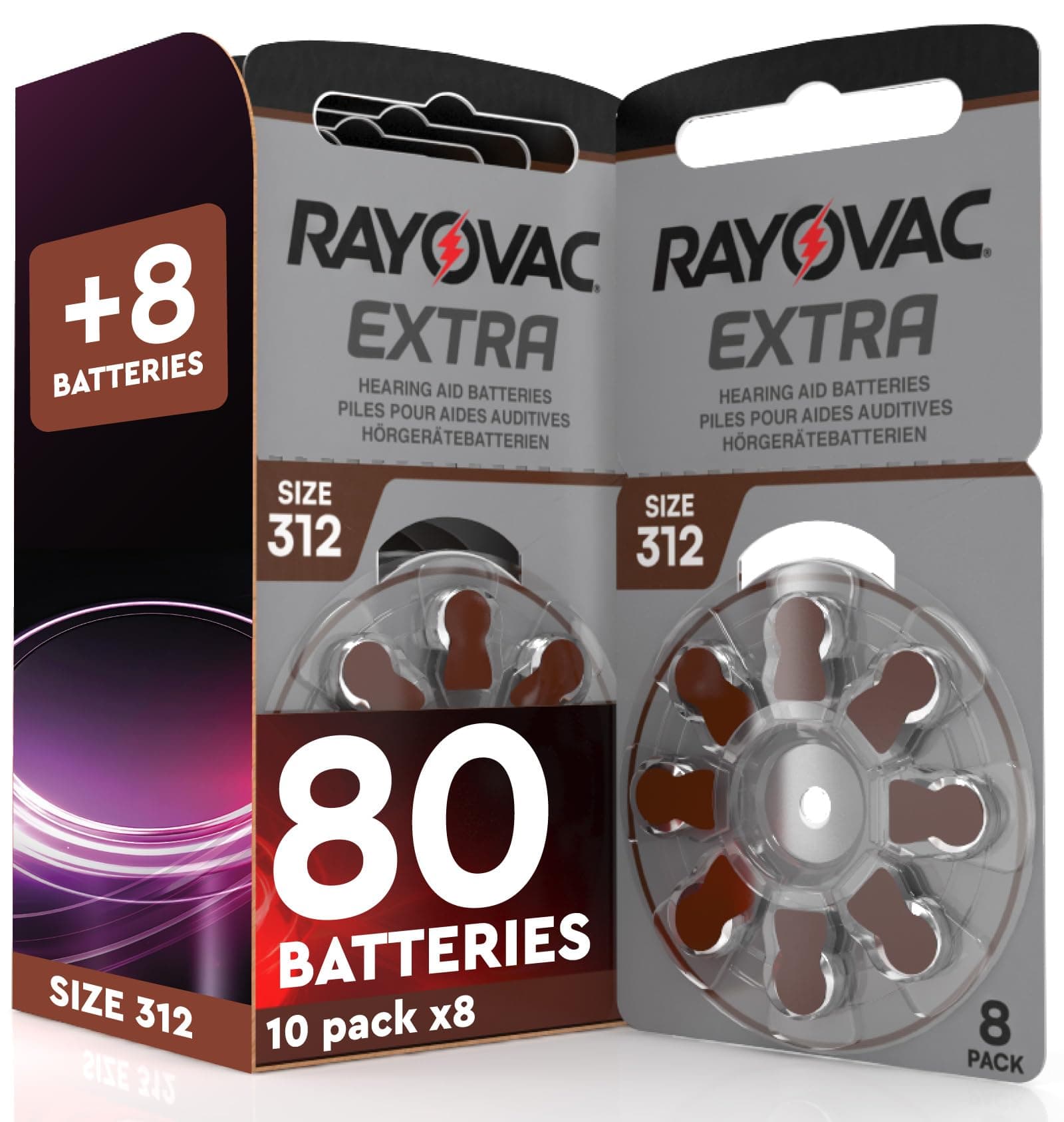80 Piles pour appareils auditifs Rayovac Extra Taille 312 | 10 + 1 blister de 8 piles