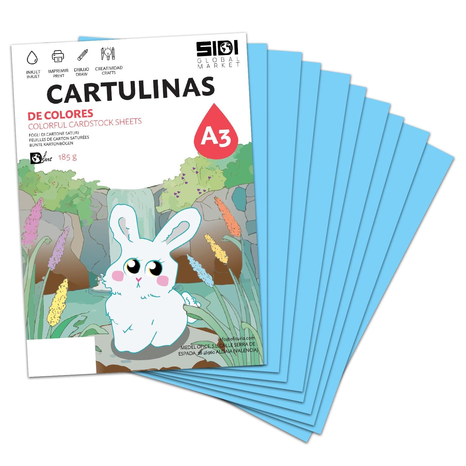 Cartulina A3 Azul Claro 185 g Papel Cartulina para Manualidades, Scrapbooking, Impresora Inkjet y Láser, Cartulina Gruesa – SIDI (azul claro, 25h)