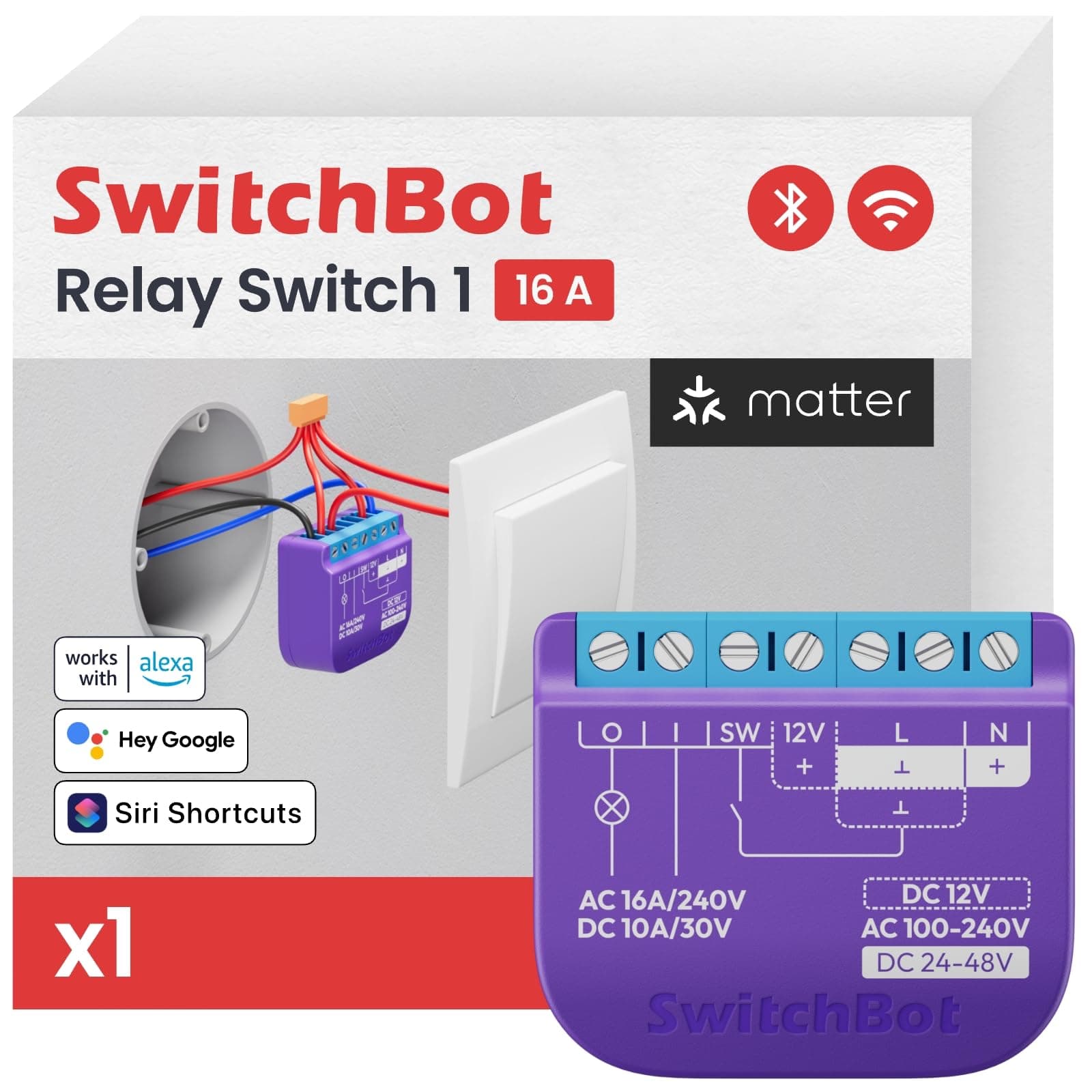 SwitchBot Wlan Schalter kompatibel mit Alexa/Apple Home/Google Home/Matter(Hub erforderlich), Leistungsmessendes Relaisschaltmodul mit integriertem Bluetooth Repeater und Trockenkontakt, 2,4 GHz, 16A