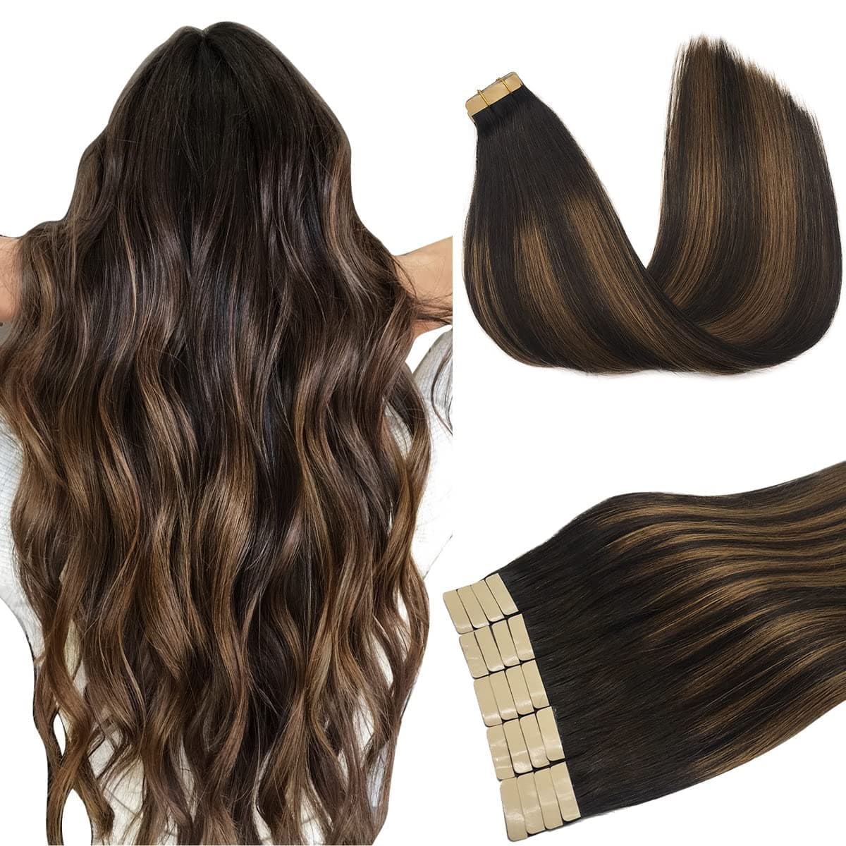 DOORES Remi Extension Capelli, Balayage Castano Scuro Misto Castano 55cm 22 pollice 50g 20pcs, Skin Weft Veri Biadesivo Filo Skin Weft Remy Human Hair