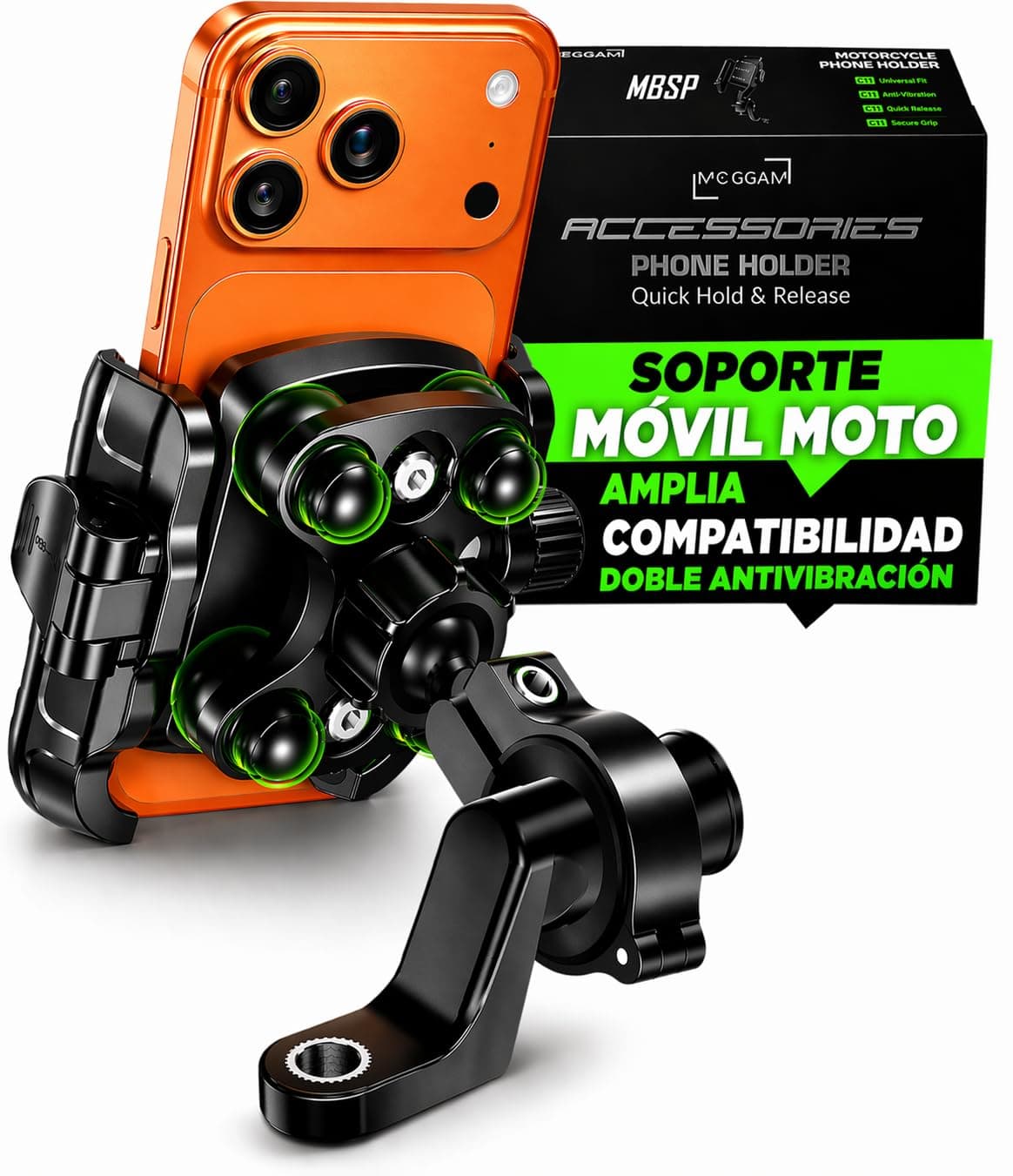 Soporte Movil Moto Antivibración de Aluminio CNC Liberación Rápida y Rotación 360° para Montaje en Manillar Espejo Retrovisor y Barras 12–14 mm Compatible con Scooter Bicicleta y Patinete Eléctrico