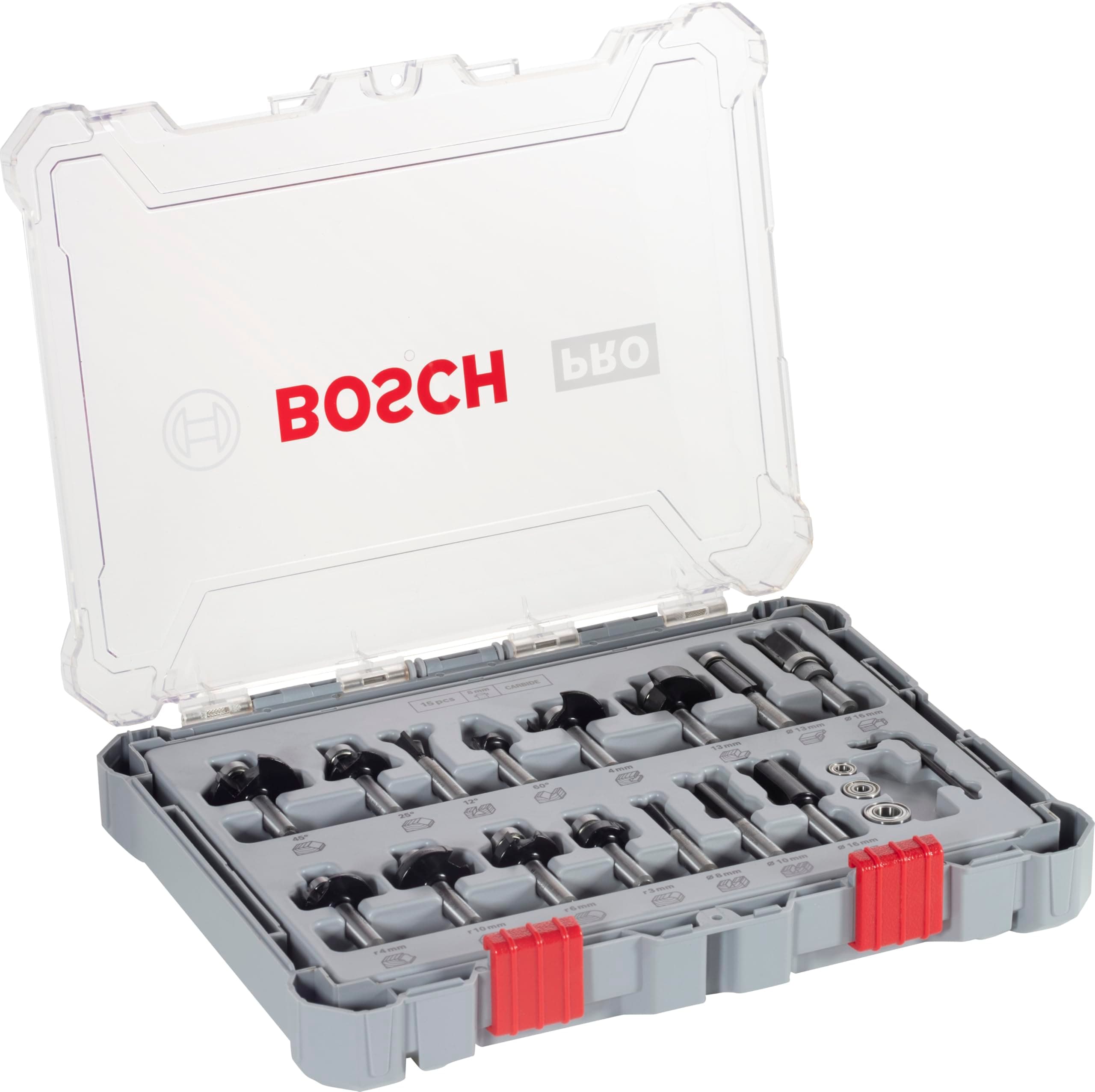 Bosch Professional Set Mixto de Brocas Fresadoras de 15 Piezas (para madera, vástago de Ø 8 mm, Accesorios Fresadoras)
