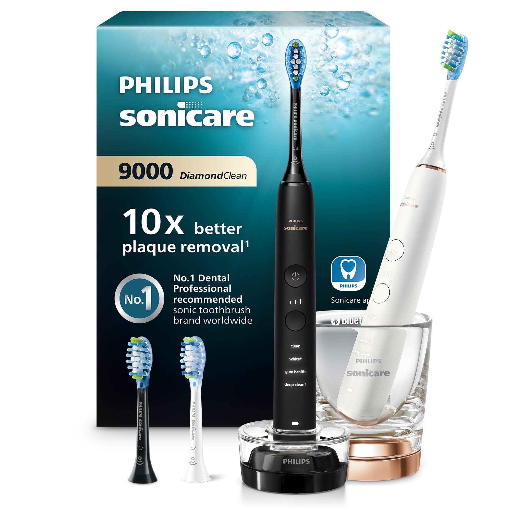 Philips Sonicare DiamondClean 9000 spazzolino elettrico, confezione doppia, spazzolino sonico con app, sensore di pressione, 4 modalità di pulizia, bicchiere di ricarica, nero e oro rosa, HX9914/61