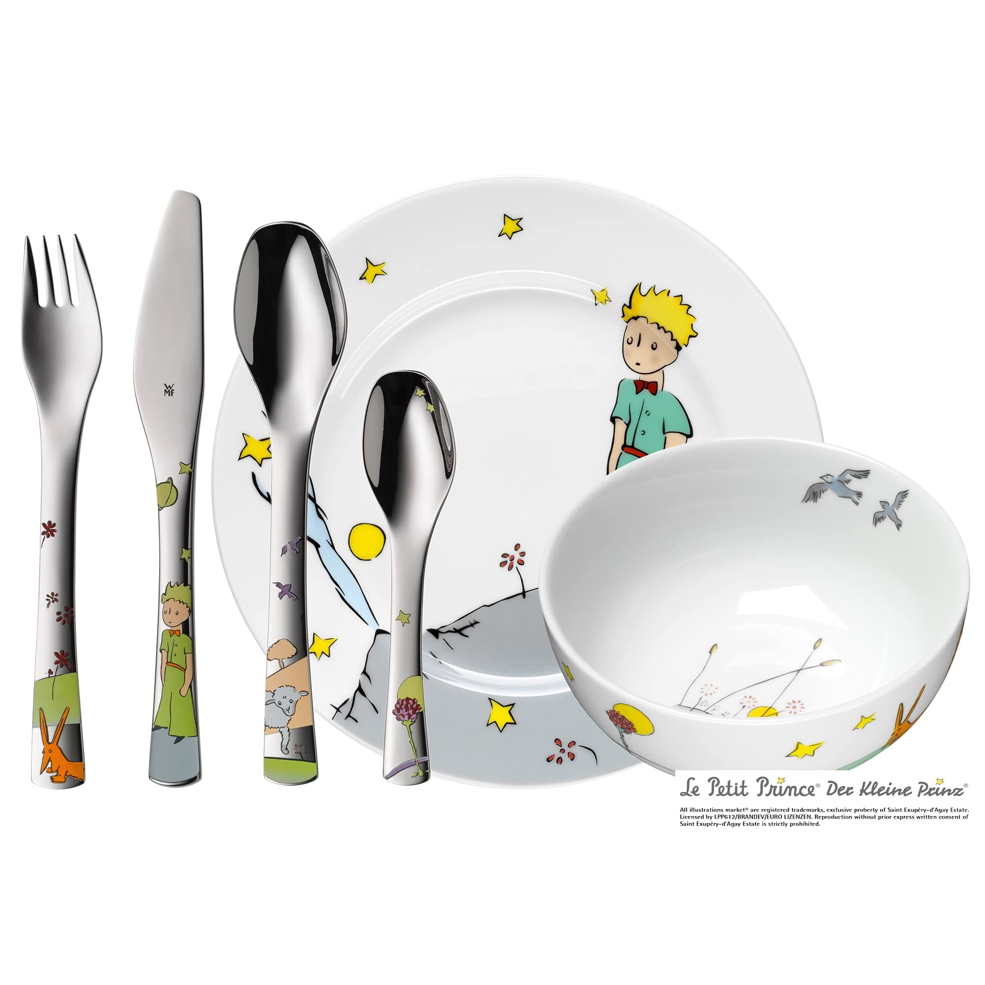 WMF El Principito - Vajilla para niños 6 piezas incluye plato, cuenco y cubertería (tenedor, cuchillo de mesa, cuchara y cuchara pequeña) WMF Kids infantil Acero Inoxidable Cromargan