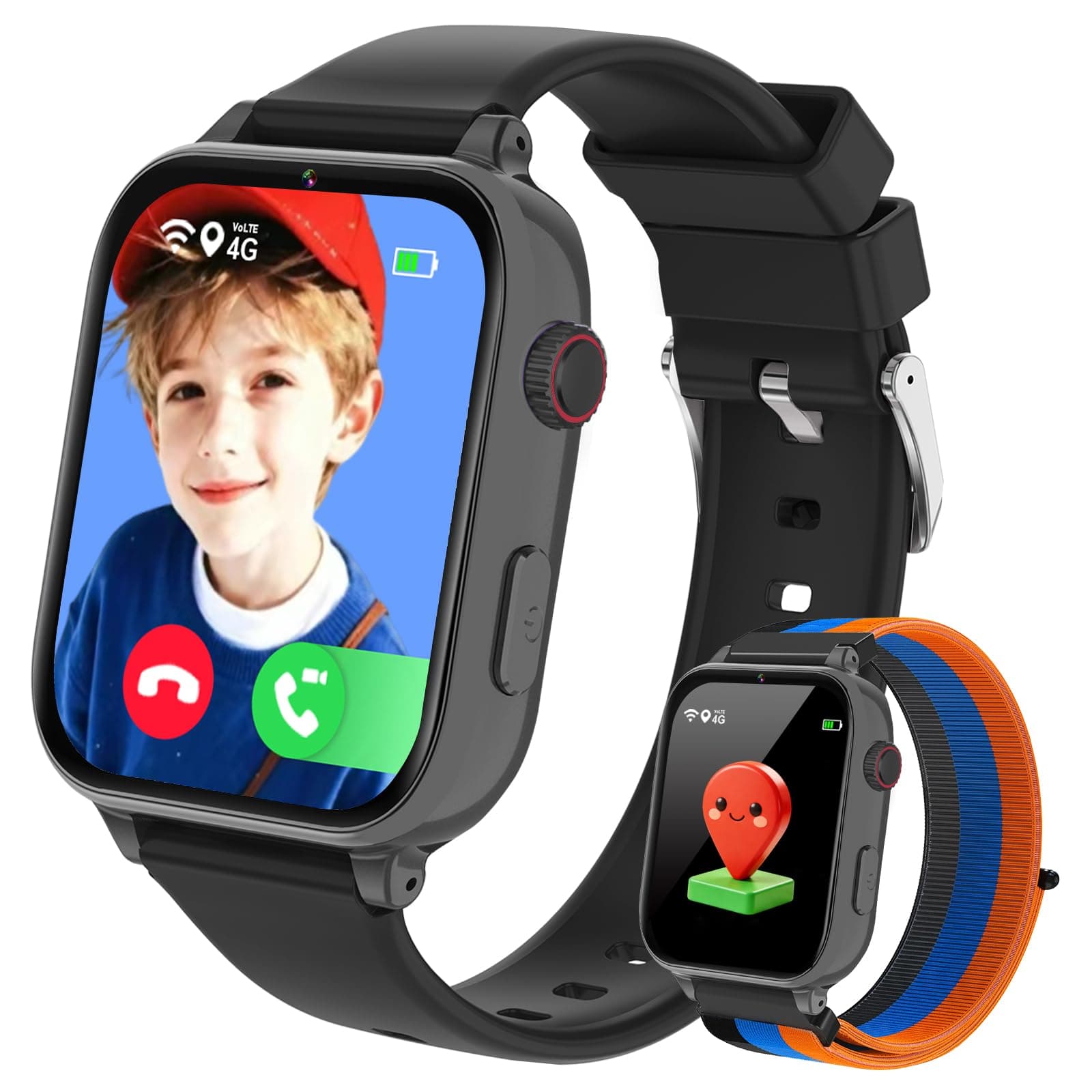 Reloj GPS Niños Localizador y Llamadas, 4G Smartwatch Niños Niña con Telefono Chat Voz Videollamada Modo Clase Cámara Podómetro, Reloj Inteligente para 4 a 12 Años Regalos Comunion Navidad, Negro Azul