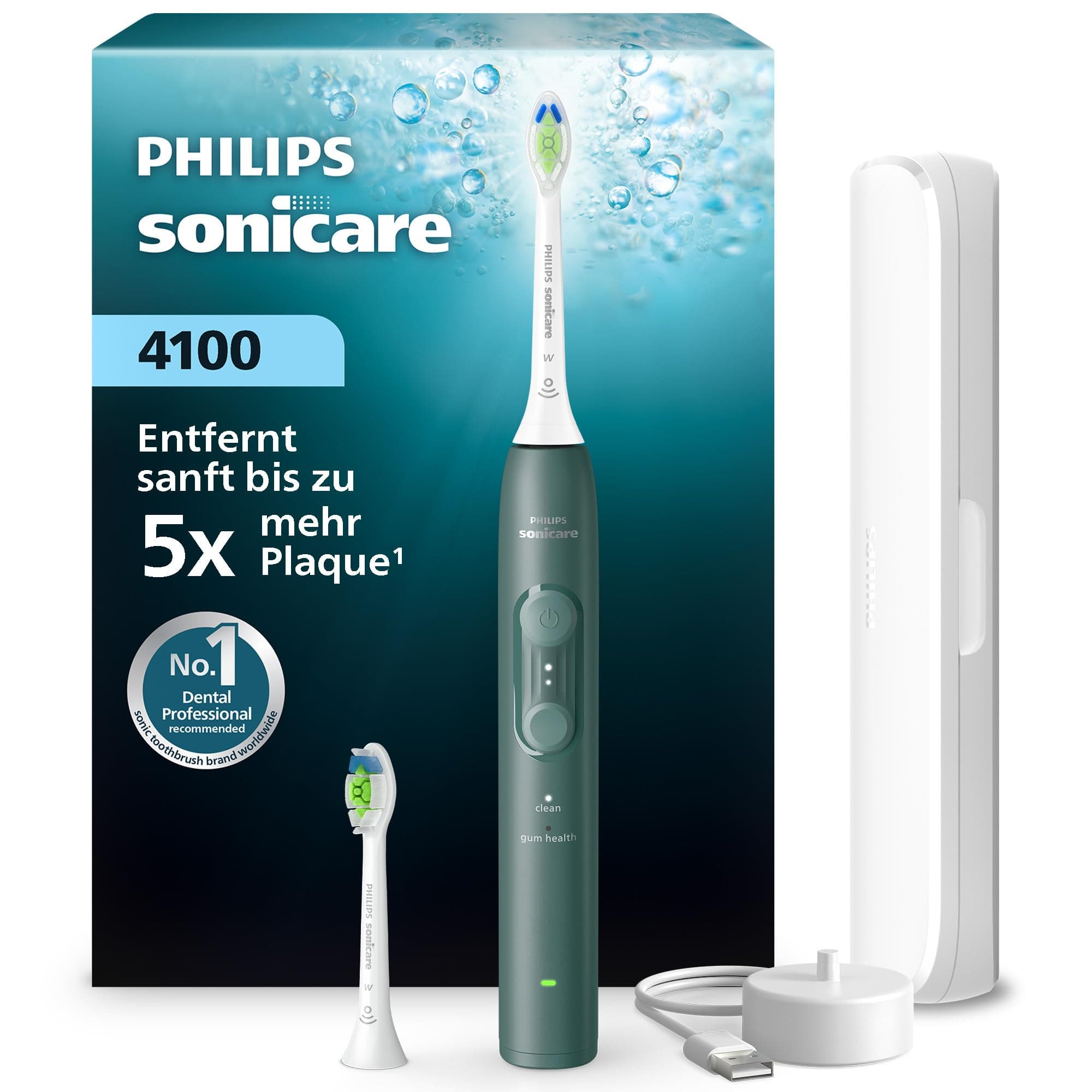 Philips Sonicare Series 4000 Elektrische Zahnbürste – Schallzahnbürste mit Drucksensor, 4 Putzeinstellungen, EasyStart, SmarTimer, 21 Tg. Laufzeit, Reiseetui, Dunkelgrün, HX4042/46, [Neu]
