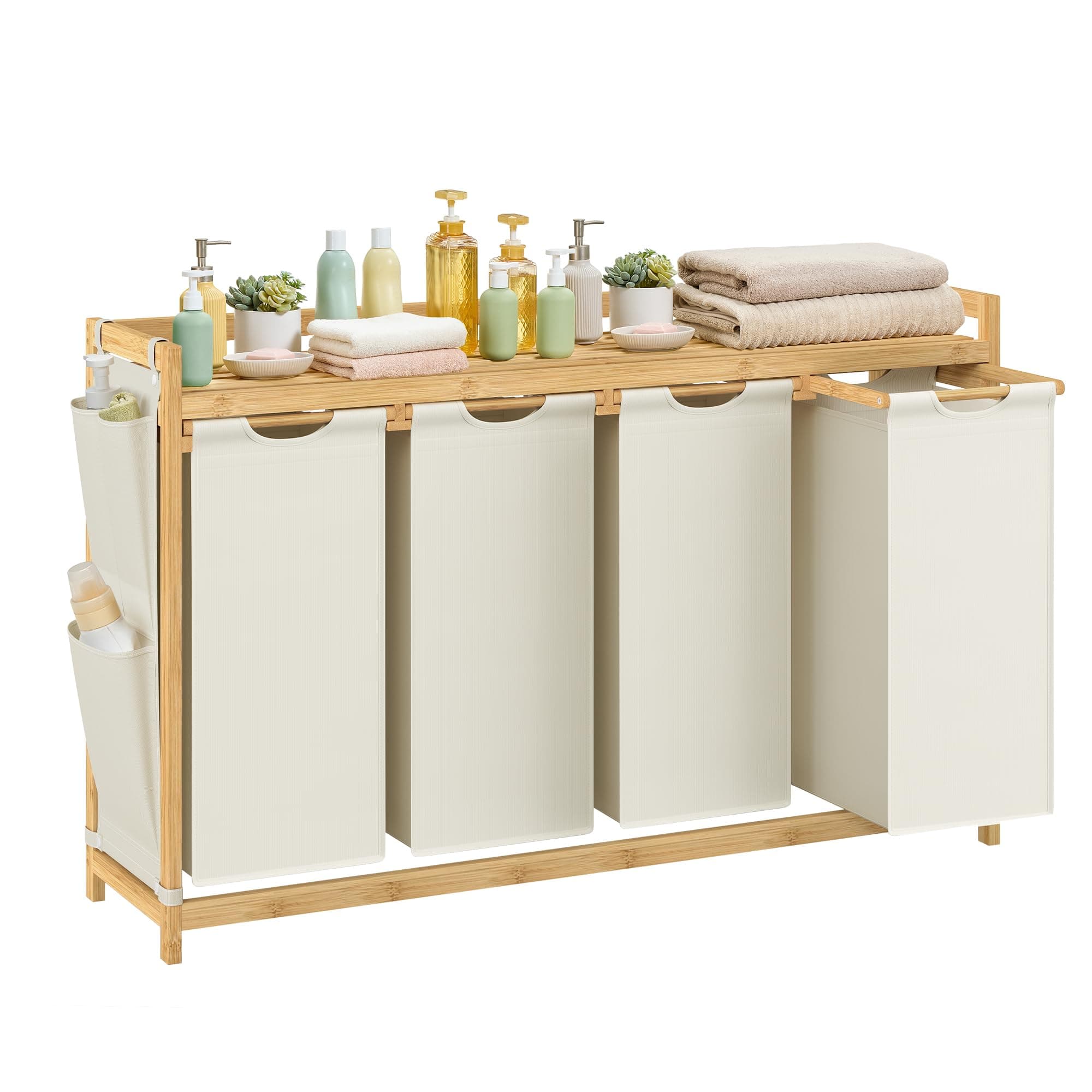 SONGMICS Cesto para Ropa Sucia, 4 Compartimentos, Bambú, Cesta Ropa Sucia 150 L, con Estante, Bolsa, Bolsillos Laterales, Estante, 4 x 50 L, 124,6 x 33 x 78 cm, Blanco Crema RLH120W01