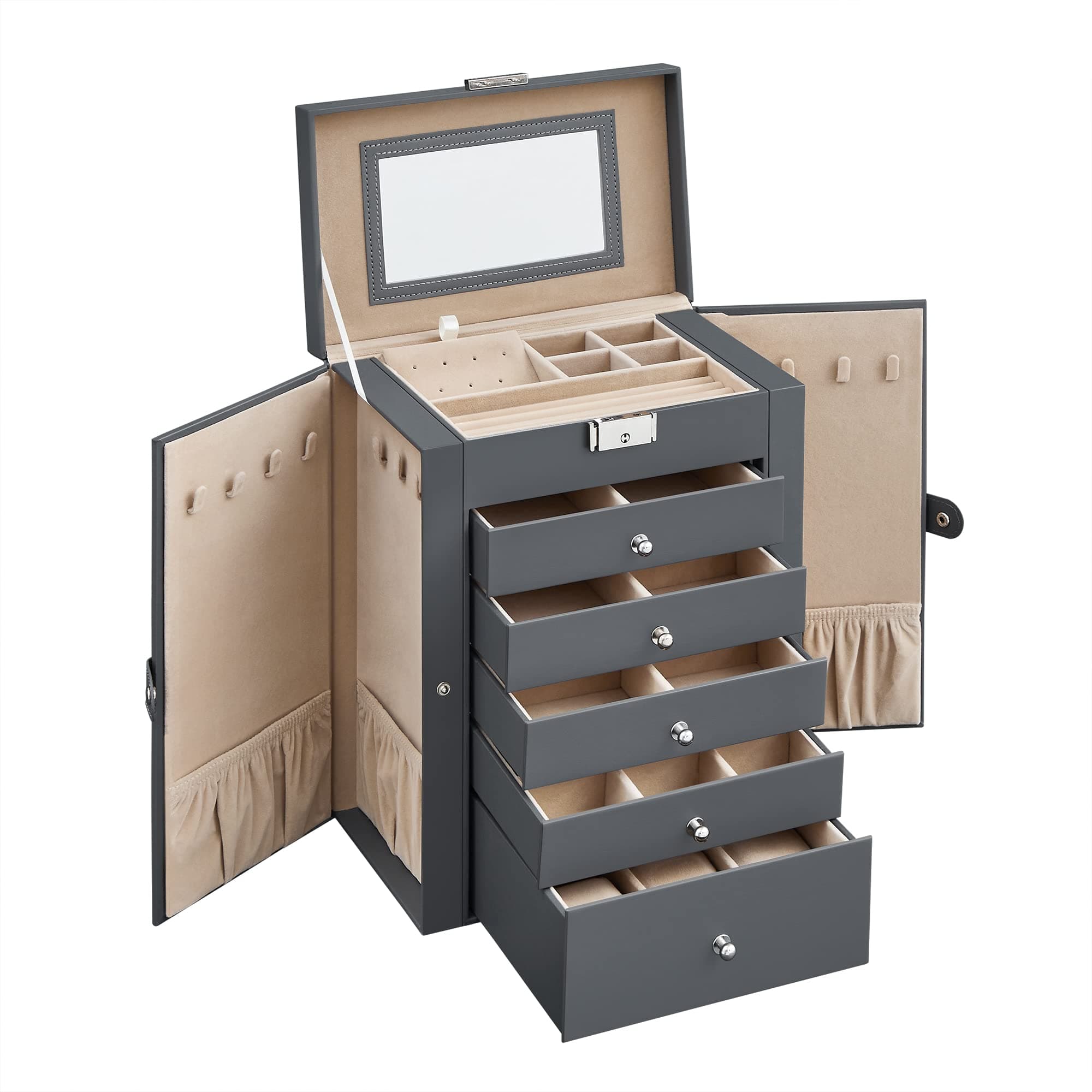 SONGMICS Scatola Portagioie a 6 livelli, Porta Gioielli con 5 Cassetti, Capiente, con Specchio Interno, Chiusura a Chiave, Cofanetto Portagioie, Idea Regalo, per Orologi, Grigio JBC152G01