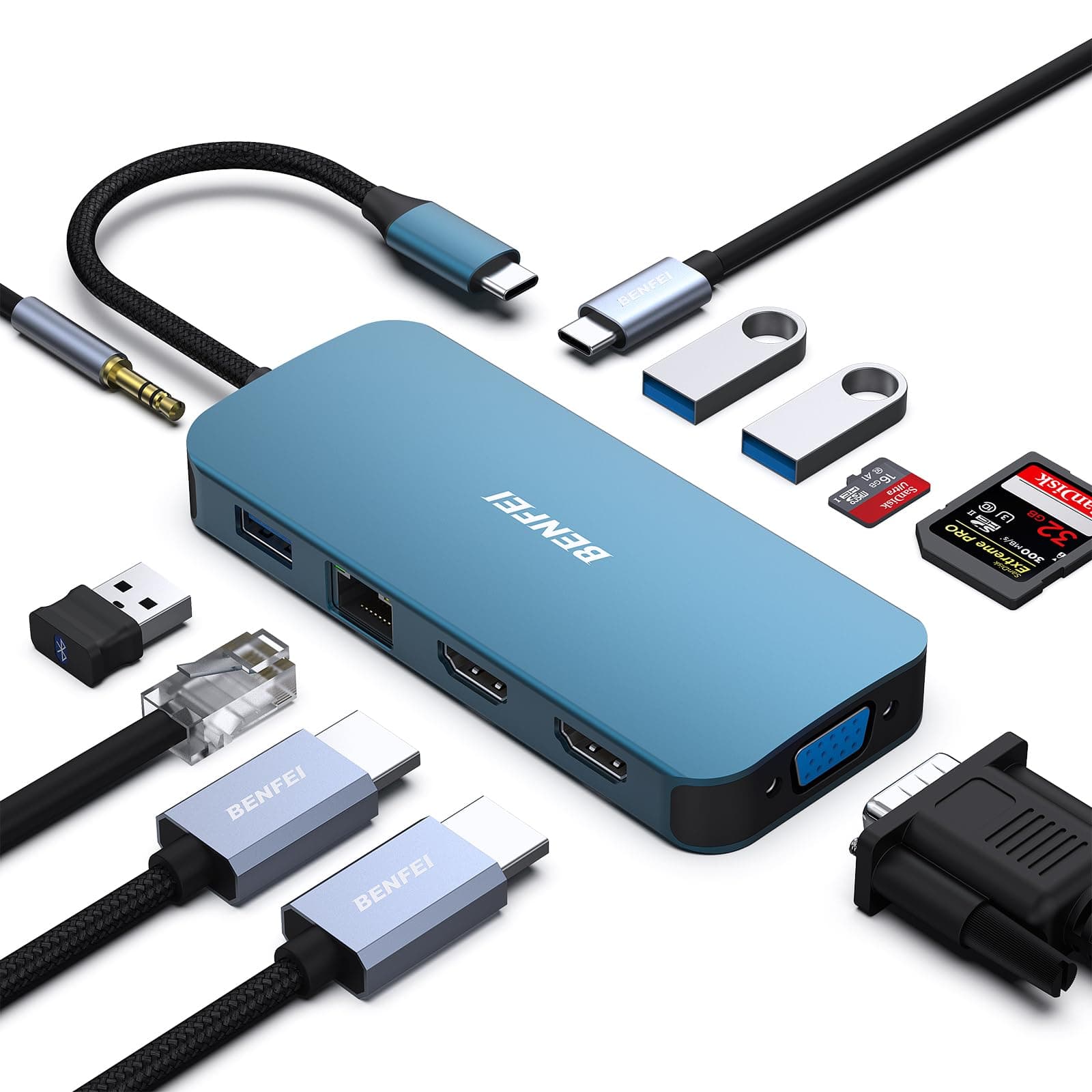 BENFEI Station d'accueil USB C MST 11 en 1 avec câble tissé en silicone, HUB USB-C avec USB-C vers 2*HDMI/1*VGA, vers 3*USB 3.0/SD/TF lecteur de carte/Ethernet/100W Alimentation/audio auxiliaire 3.5mm