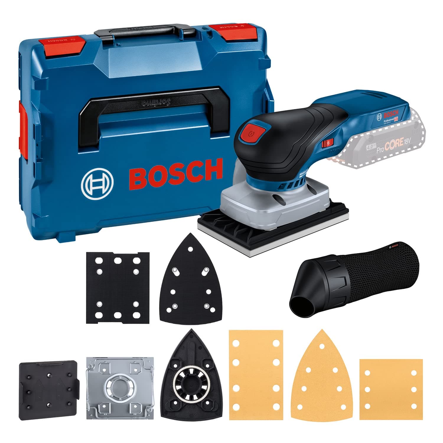 Bosch Professional 18V System ponceuse vibrante sans-fil GSS 18V-13 (moteur ss charbon, sac à poussière, 3 plateaux ponçage, 3 feuilles abrasives, gabarit perforation, L-BOXX)