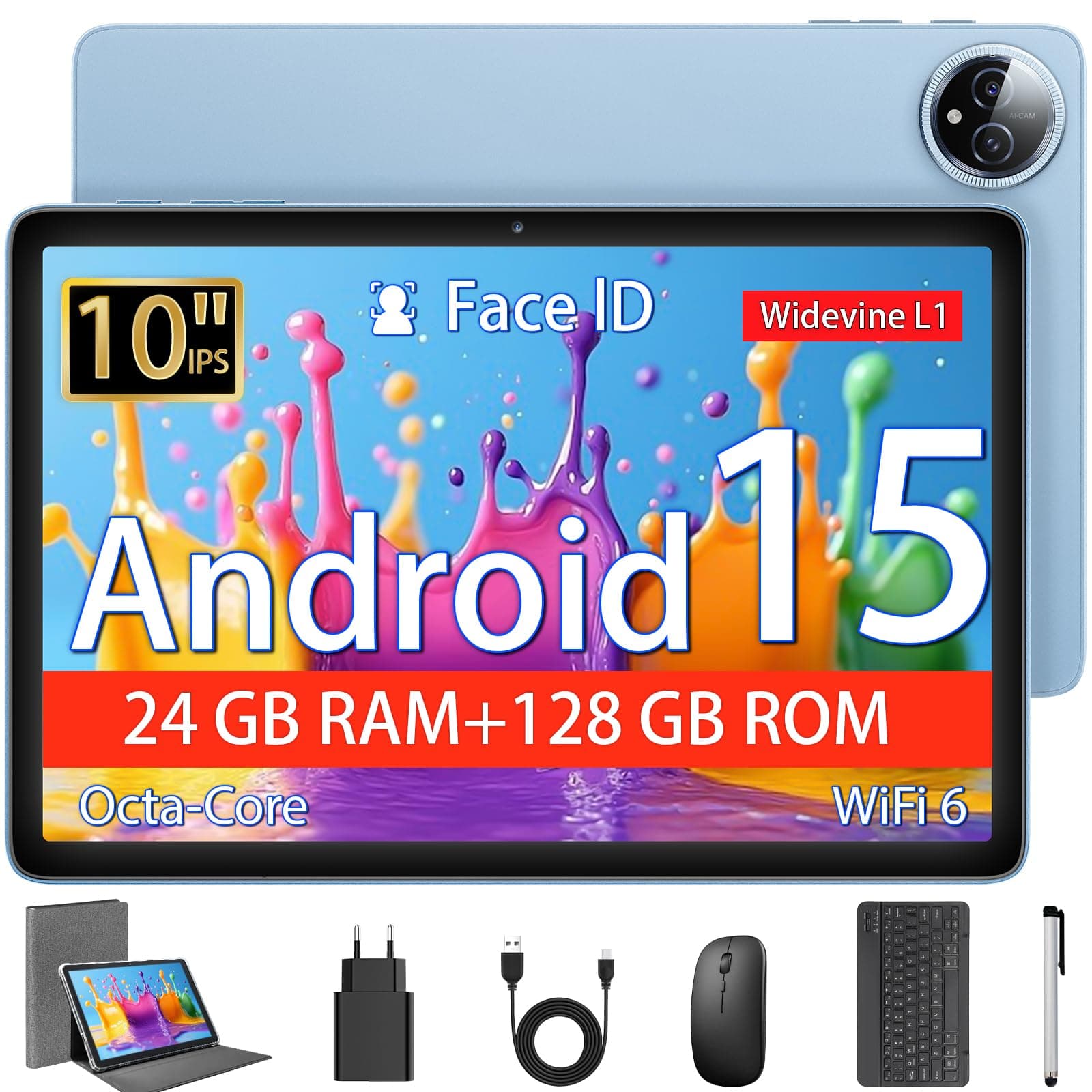 Tablet 10 Pulgadas, Tableta Android 15 con Funda, Ratón & Teclado, Octa-Core, 24 GB RAM + 128 GB ROM + 1 TB TF, Pantalla IPS HD 1280 x 800, Cámara Dual, 6000mAh, WiFi 6, BT 5.0, Widevine L1, GPS, Azul
