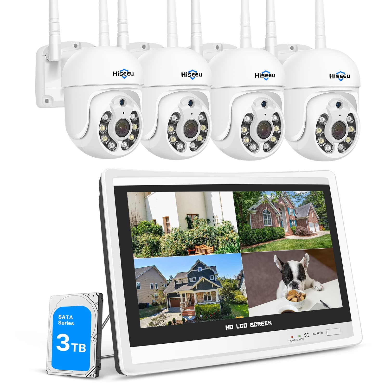 【 5 MP + PTZ】 Set telecamera di sorveglianza Hiseeu per esterni WLAN con monitor 12 pollici 10 CH Wireless NVR, 4 telecamere PTZ da 5 MP con audio a 2 vie, visione notturna a colori, visualizzazione