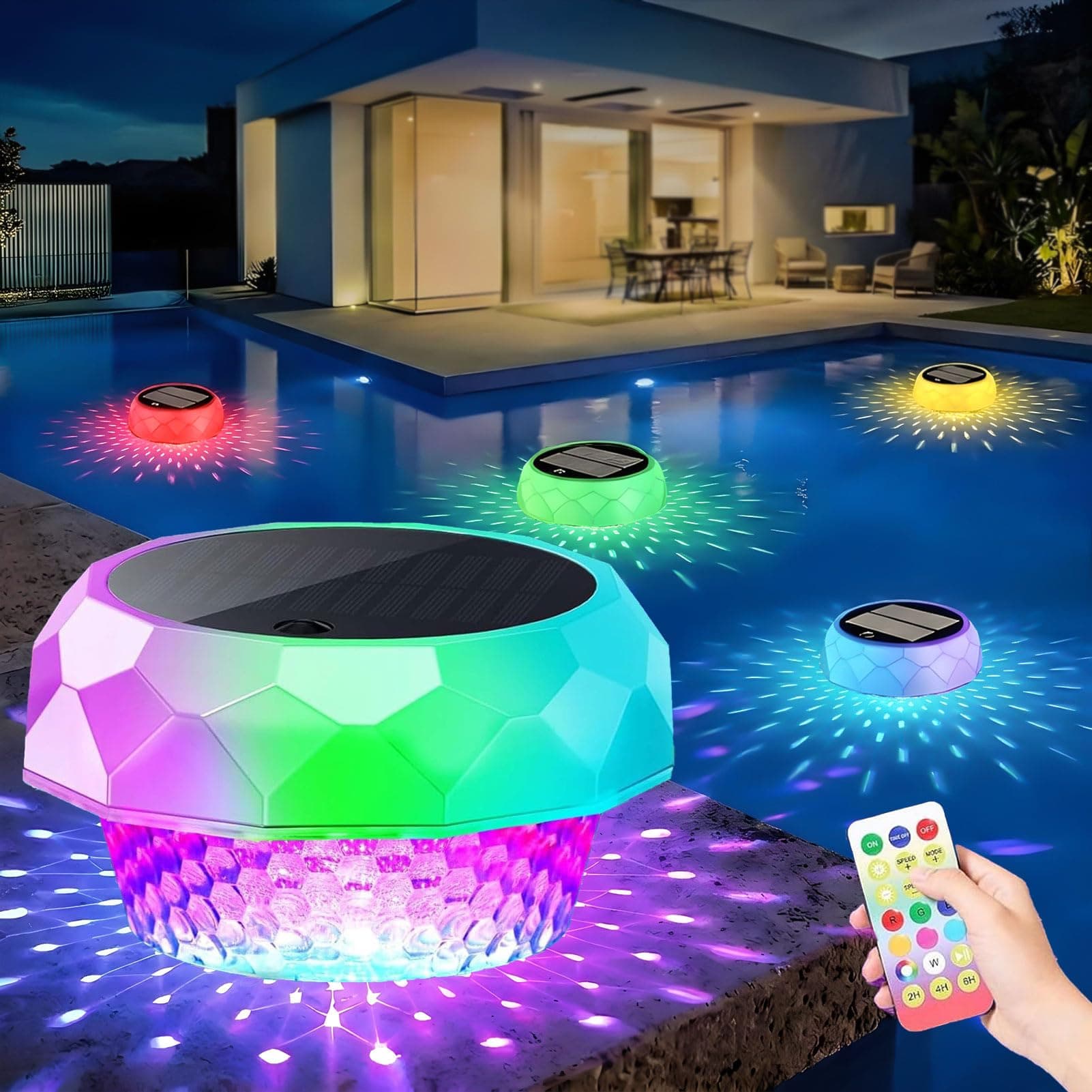 Joycome Luci Piscina Solari Fuori Terra IP68 Impermeabili Illuminazione Solare Piscina con Telecomando, Luci per Piscina Subacquea LED RGBCW Luce Piscina per Esterno Laghetto Festa - 1 Pacco