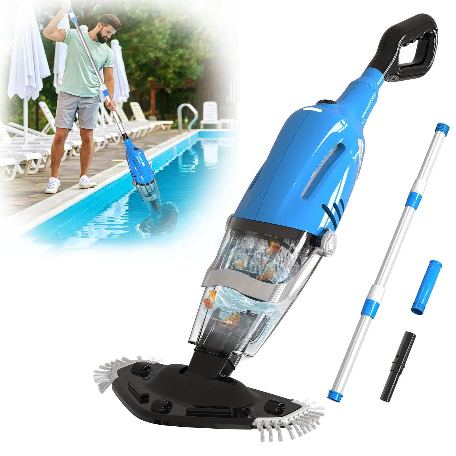 PoolyPoly 2026 Aspirateur de Piscine à Batterie Rechargeable, Aspirateur à Main sans Fil, 60 Minutes d'Autonomie Nettoyeur Électrique pour Piscine, Jacuzzi, Spa, Bleu