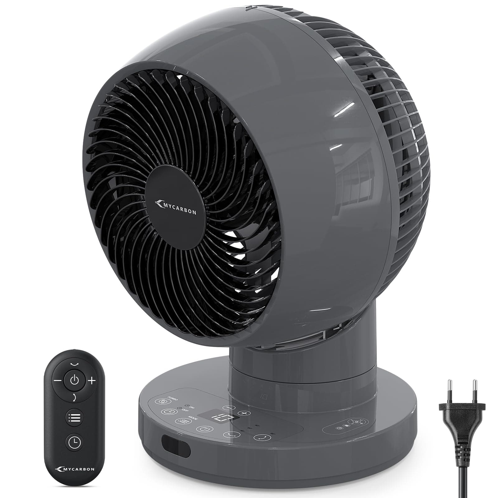 MYCARBON Turbo Ventilador de Mesa Silencioso 20dB Motor DC Ventilador Potente 30°-60°-90° Oscilación 11 Velocidades Temporizador 12h y Encendido Programado, con Control Remoto