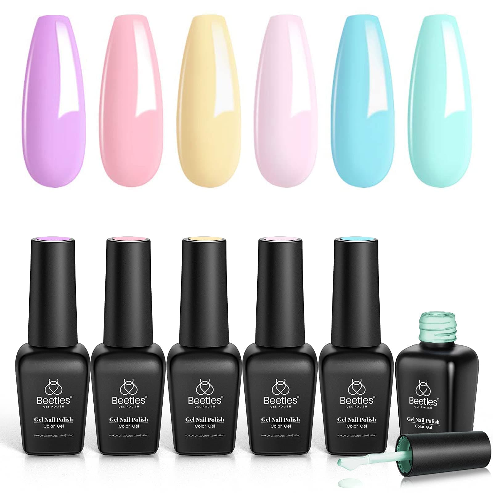 Beetles UV Gel Nagellack Set - 6 Farben Farbgele Pastell Schnelltrocknend DIY Gel Polish Nail Nageldesign Kit LED Lampe Trocken 7.5ml für Anfänger Nail Art