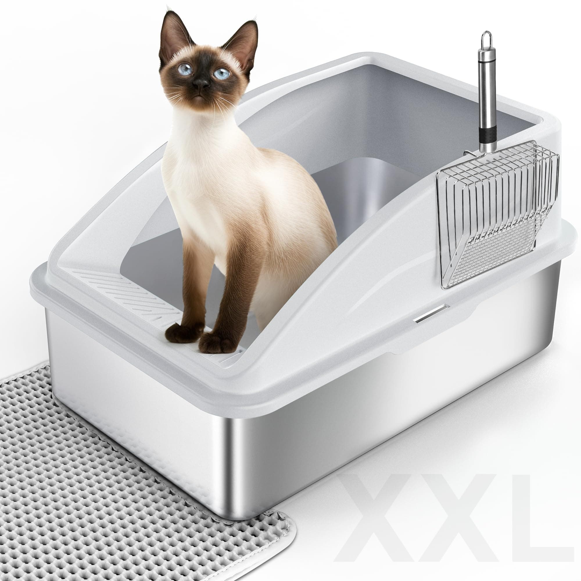 FURTIME Lettiera Gatto, 35 L Lettiera Acciaio Inox, Facile da Pulire, Facile da Pulire Antiodore e Spaziosa, Sabbiera XXL Alta, Con Acciaio Inox Paletta, 58 x 36 x 33 cm