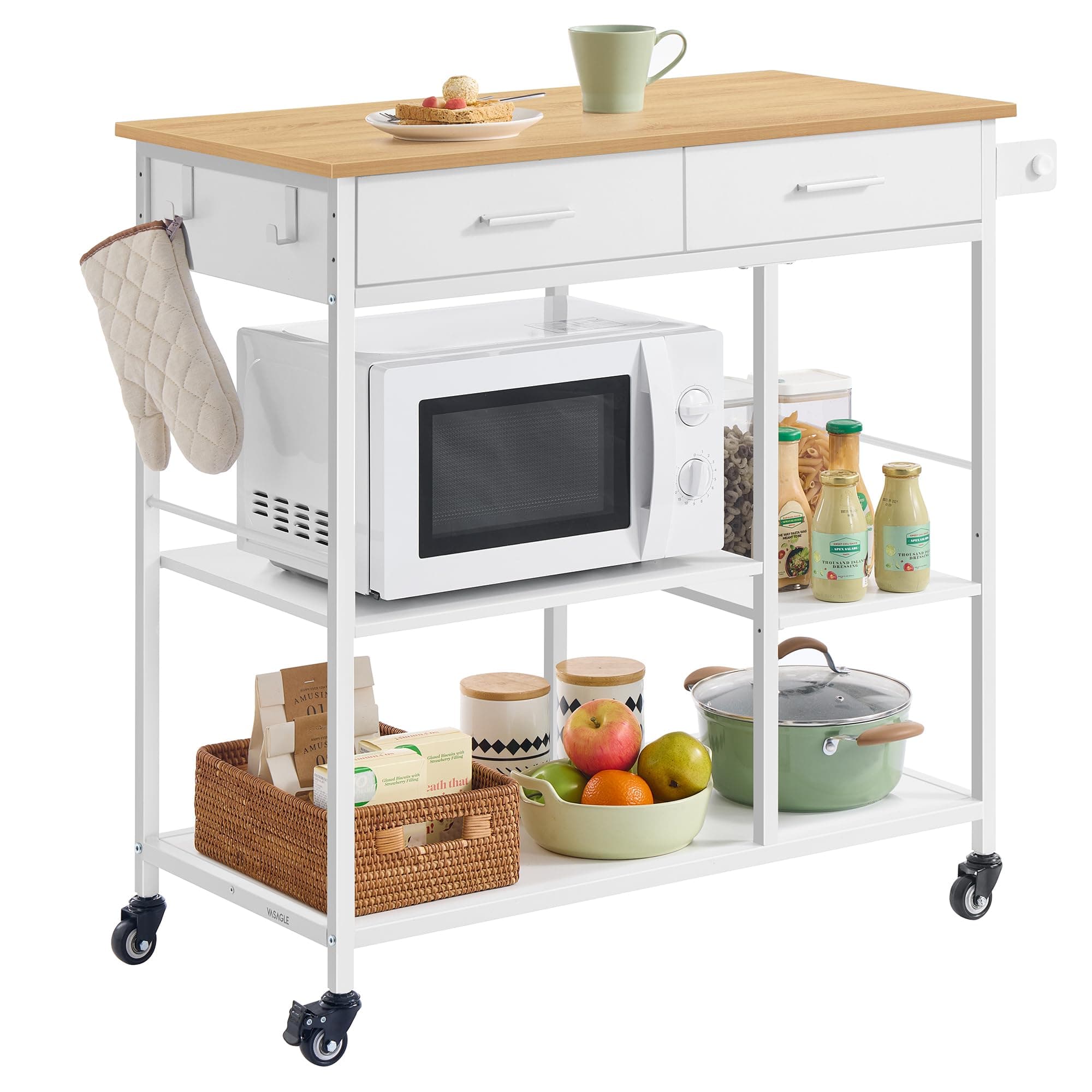 VASAGLE Carrito de Cocina con Ruedas, Isla de Cocina Móvil, 45 x 98,7 x 90 cm, con Toallero, 2 Cajones, 2 Ganchos, para Comedor, Beige Rbole y Blanco Mate KKI010Y01