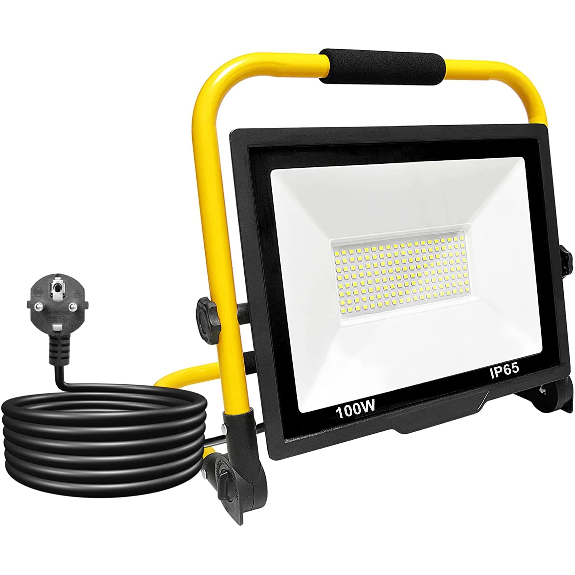 Faretto LED da Cantiere 100W, Faretto Portatile, Luce di Inondazione Bianca 6000K, 10000LM, Girevole a 360º, Impermeabile IP65, Pieghevole, cavo da 3 m. Illuminazione esterna, Officina, Lavoro, Garage