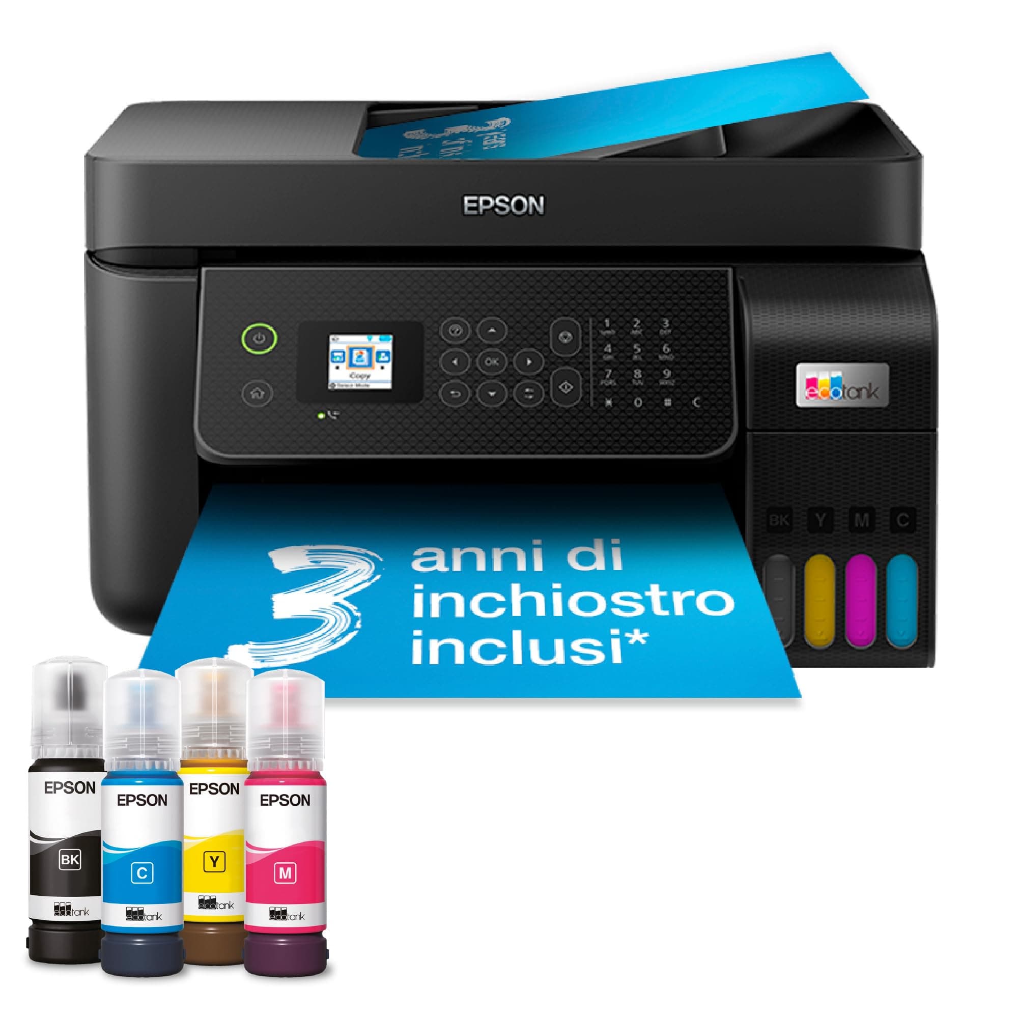 Epson EcoTank ET-4800 Stampante con Serbatoi D’inchiostro | Casa e Piccolo Ufficio | Wi-Fi Ed Ethernet | A4 | Stampa, Copia, Scansione, Fax | Display LCD 3.7 cm | ADF | 3 Anni D'Inchiostro Inclusi