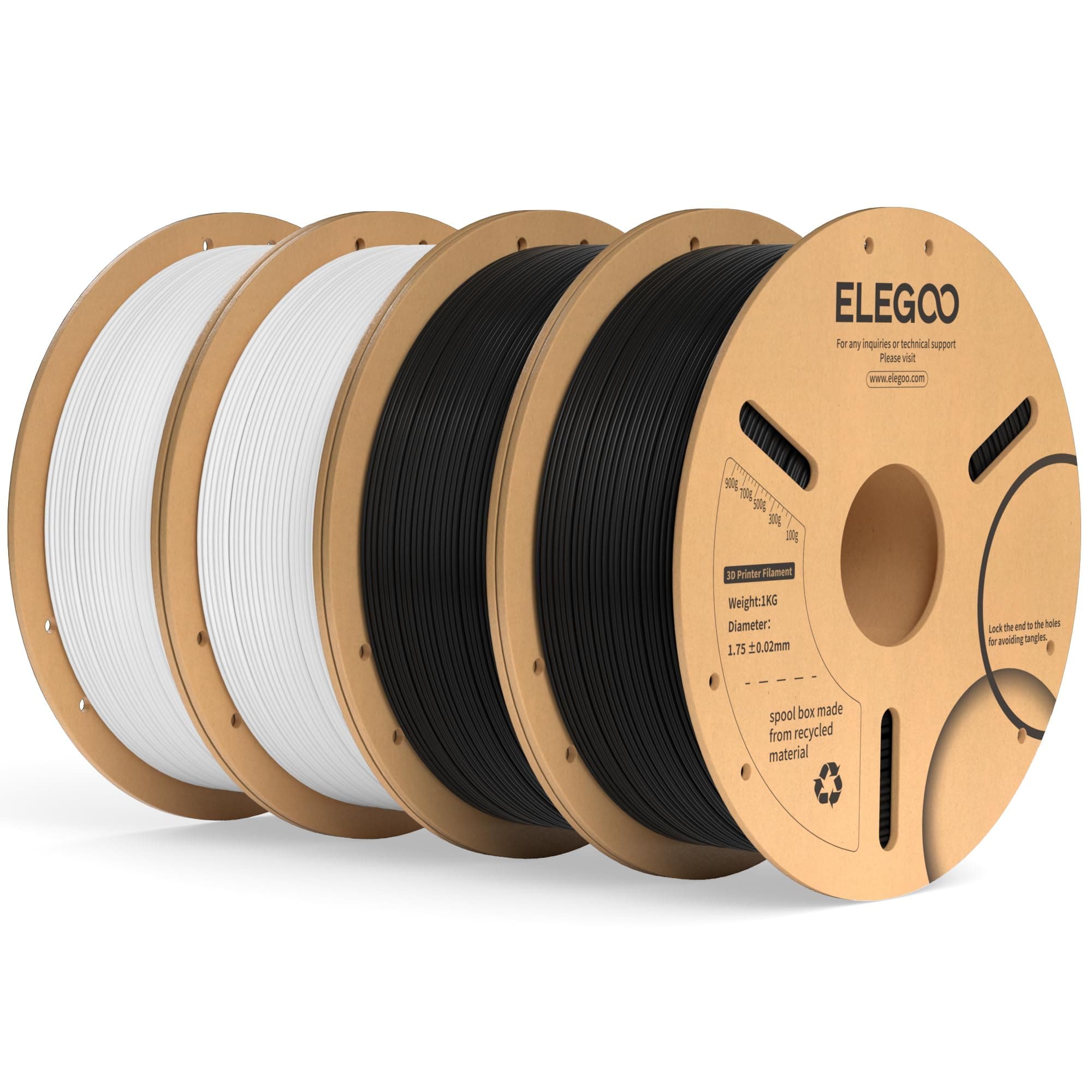 ELEGOO PLA+ Filament 1.75mm Schwarz Weiß 4KG, PLA Plus 3D Drucker Filament, Härter und Stärker 3D Druckmaterialien, Maßgenauigkeit +/-0,02mm, Kompatibel mit 3D Printer(4 Stück 1KG/Spool, 2.2lbs)