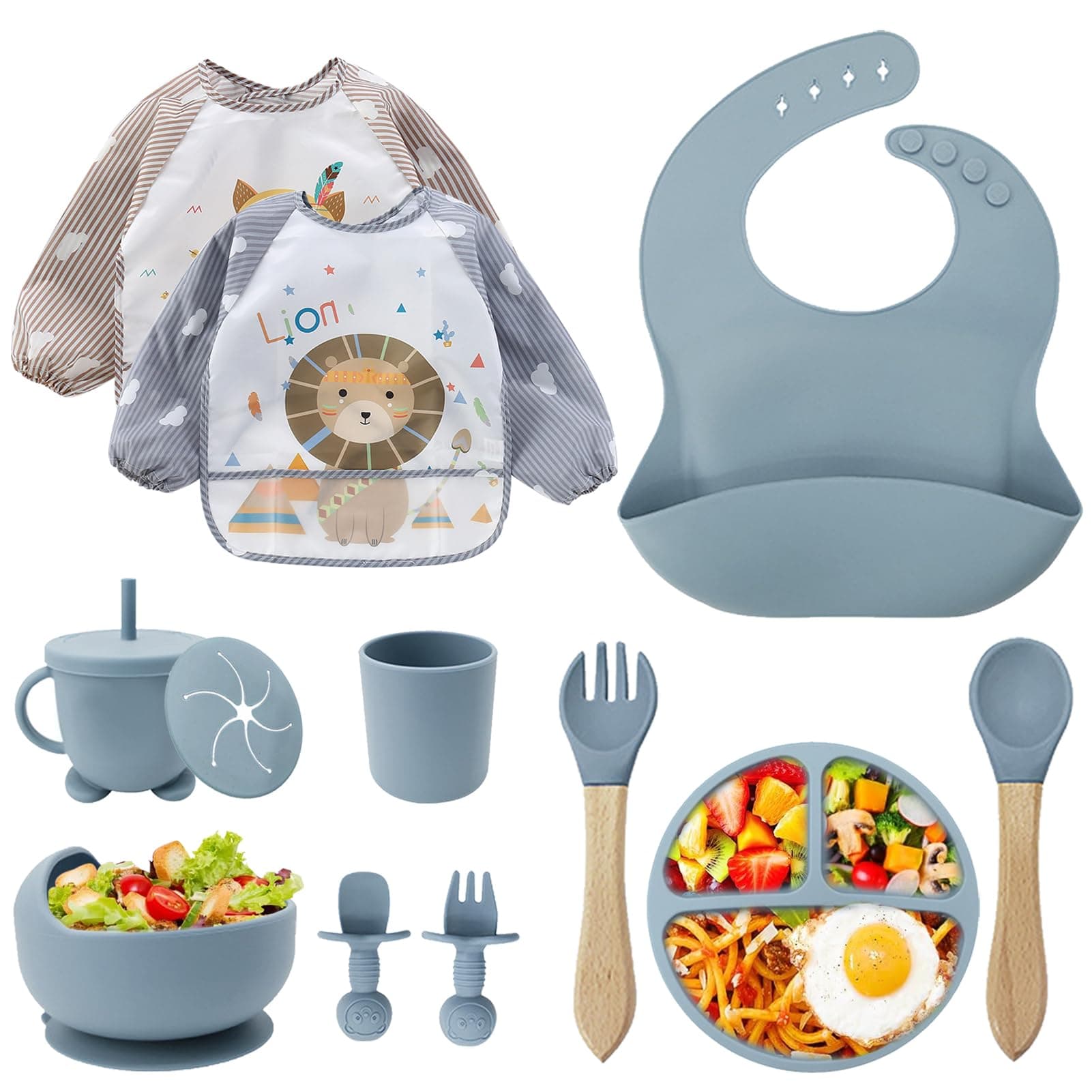 CUBTEM Set Pappa Svezzamento, Set di 12 Piatti per Bambini,Ventosa Ciotola e Cucchiaino per Neonati, Bavaglino in Silicone, Set di Posate per Bambini per Lo Svezzamento e L'Alimentazione