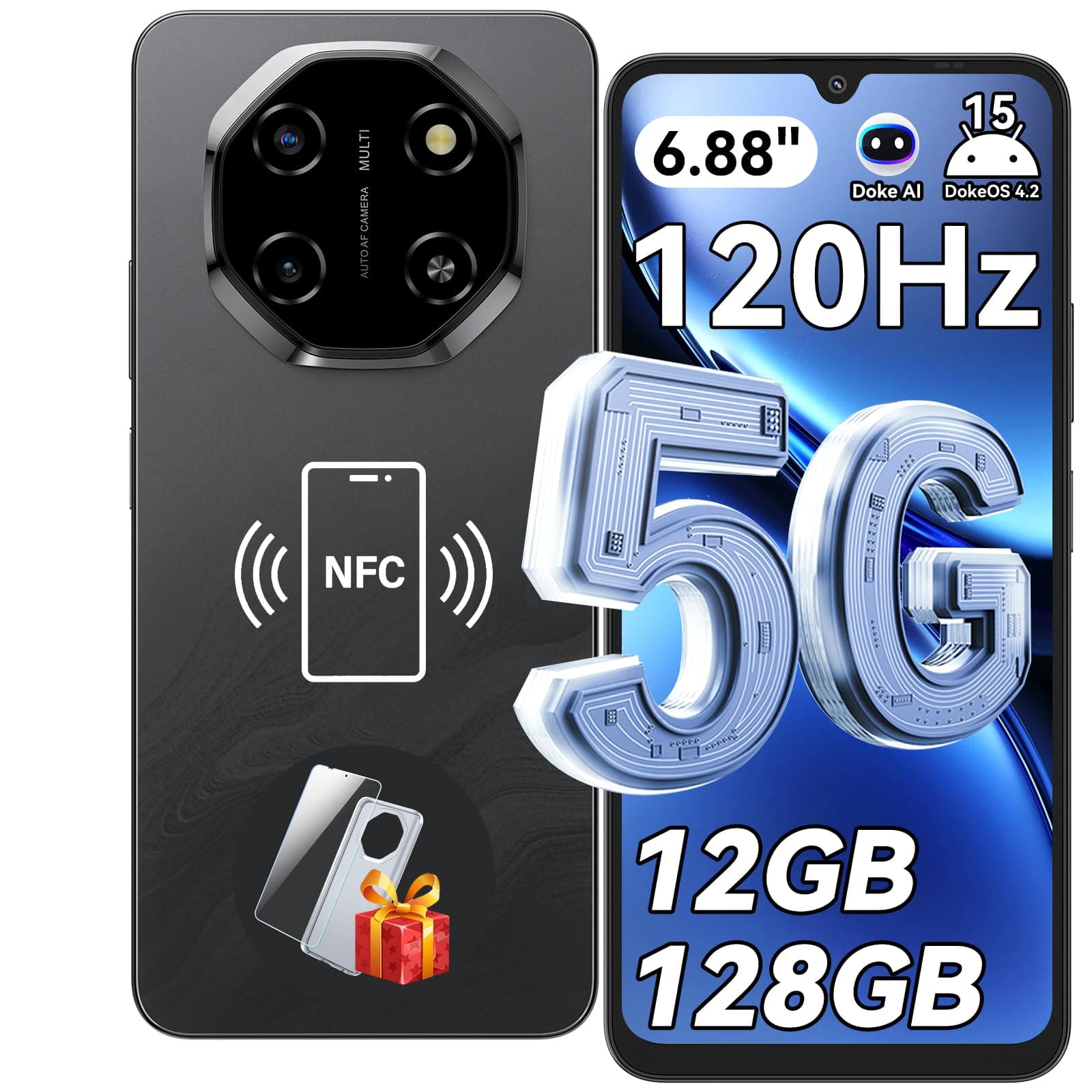 Blackview Shark 6 Smartphone 5G, 6.88" 120Hz Telefonos Moviles, Telefono Android 15, Mobile Phone 12GB+128GB, Unisoc T8100, 5000mAh, 16+8MP, 5G Dual SIM/Face ID/Fingerprint/OTG/GPS/NFC