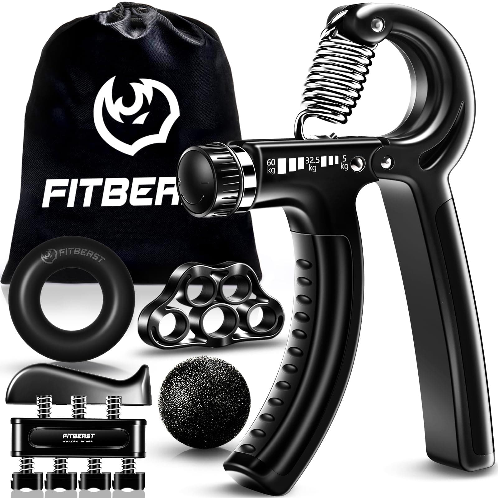 FitBeast Hand Grip para Antebrazo Ejercitar – Paquete de 5 Piezas, Fortalecedor de Agarre de Manos Ajustables, Ejercitador de Manos, para Estirar Los Dedos, Anillo para Entrenar y Pelota Anti Estrés