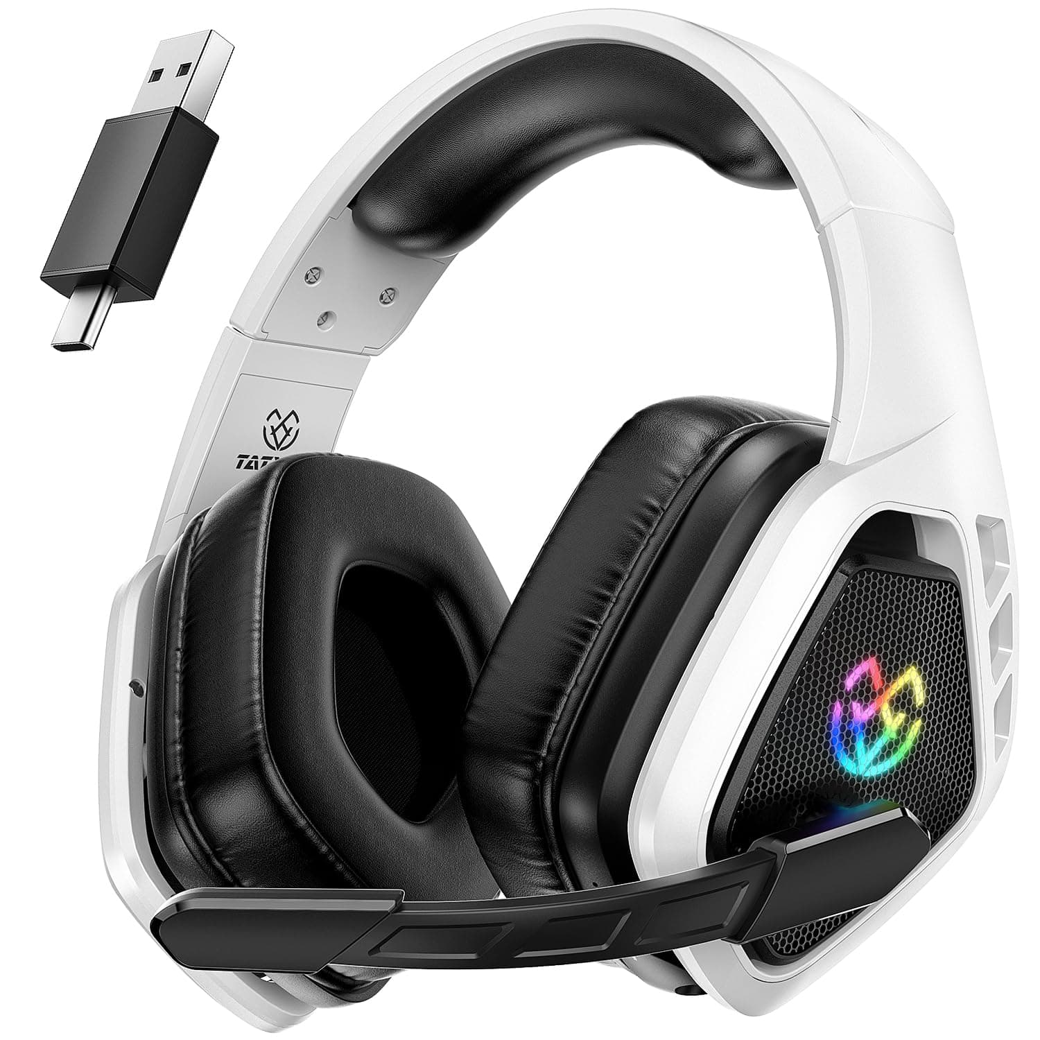 Tatybo Cuffie Gaming Wireless per Ps5 Ps4, Bluetooth Cuffie 2.4 GHz USB e Type-C con Microfono 7.1 Qualità Audio,Batteria 40Ore,Cuffie Pc per Mac Laptop Mobile Switch,Nero-Bianco