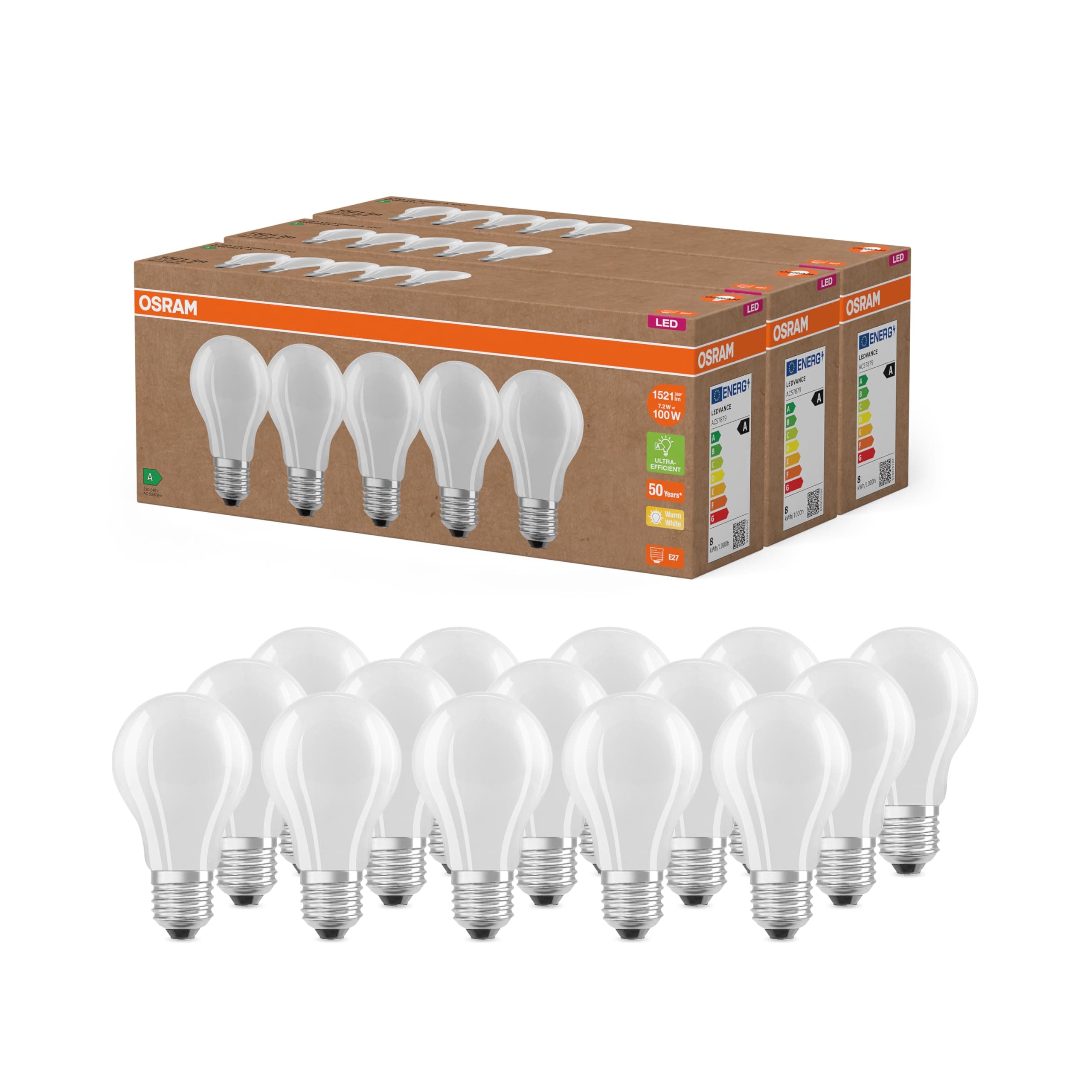 Osram Lampes LED très efficaces avec classe d'efficacité énergétique A, Pack avantage avec 15 ampoules, remplace les ampoules à incandescence 100W, blanc chaud (2700K), E27, verre mat
