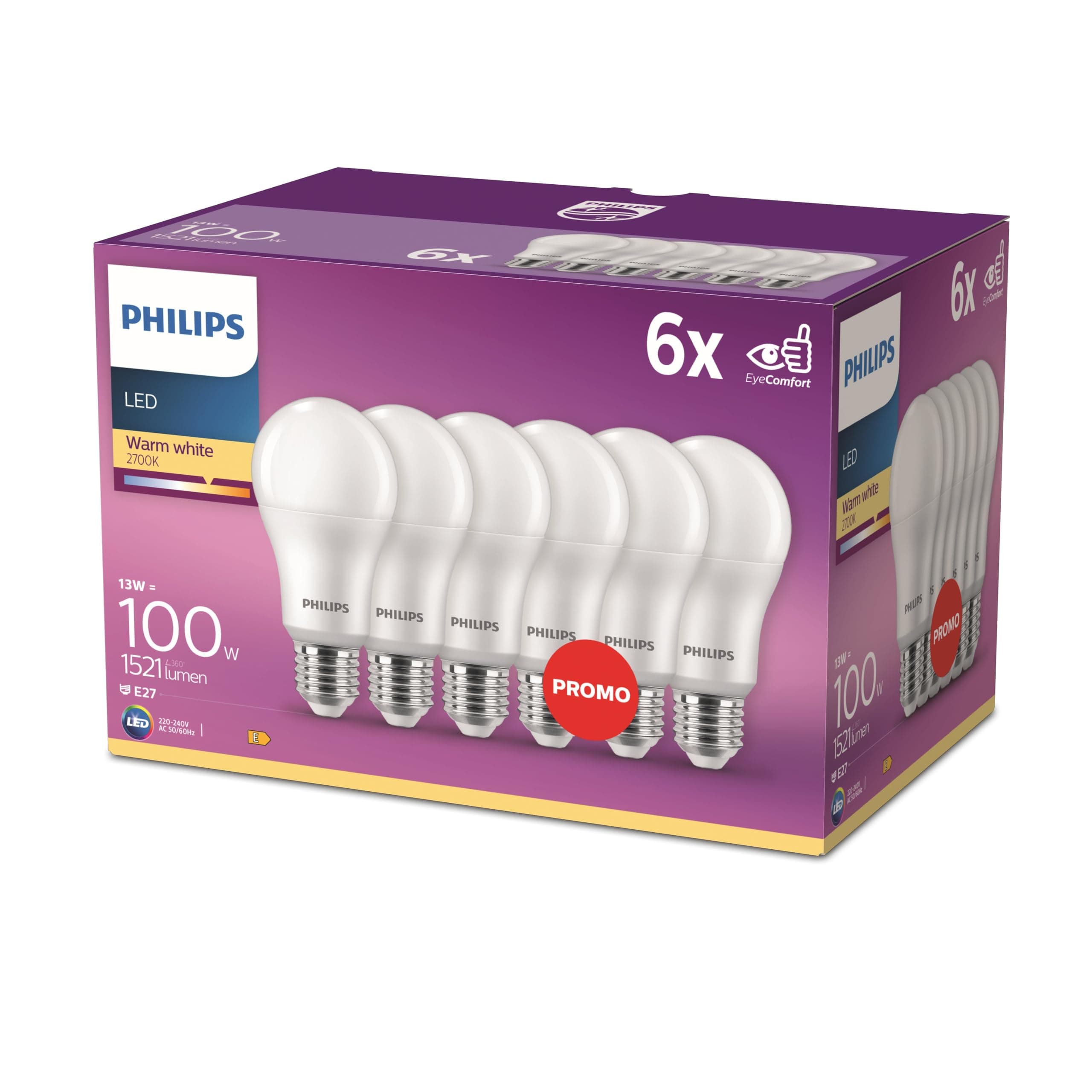 Philips LED Classic E27 Lampen 6-er Pack (100 W), matte LED Lampen mit warmweißem Licht, energiesparende Lampen mit langer Nutzlebensdauer, neue Generation