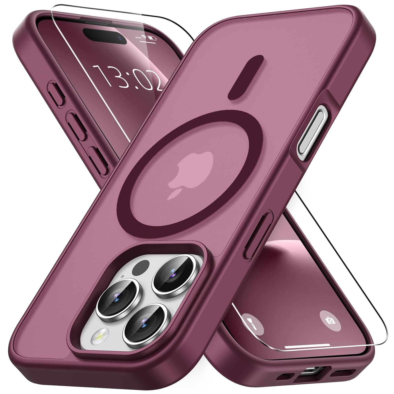 Vansdon Cover Magnetica per iPhone 16 Pro Max con 1 Pezzi Vetro Temperato, Compatibile con Magsafe, Protezione anticaduta di livello militare, Custodia Traslucida Opaca Sottile Antiurto-Bordeaux