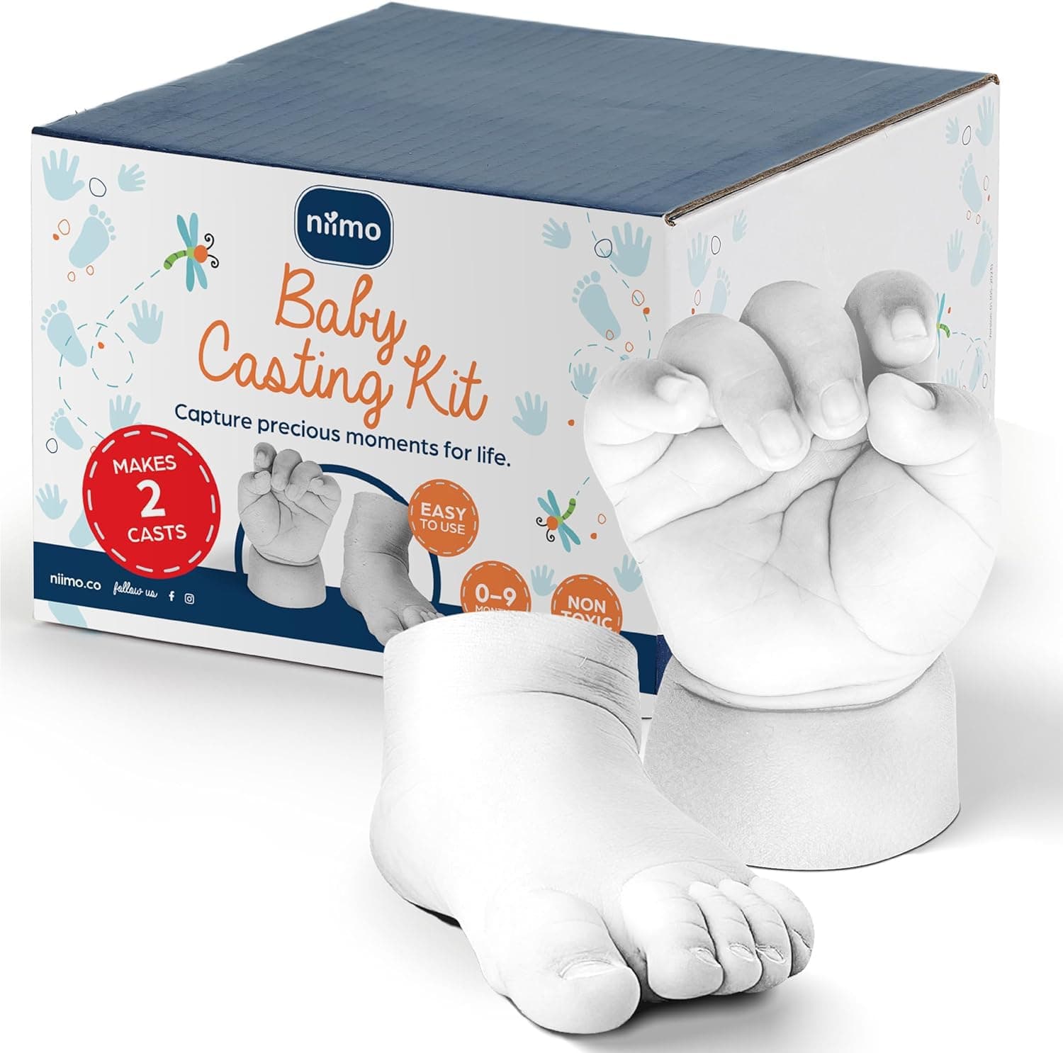 Niimo® Kit de Moulage Main et Pied Bébé 3D - Non Irritant et Non Toxique avec 2 Sachets d’Alginate et 2 Sachets de Poudre de Moulage, Cadeau Souvenir Personnalisé, Capacité 2 Moulages
