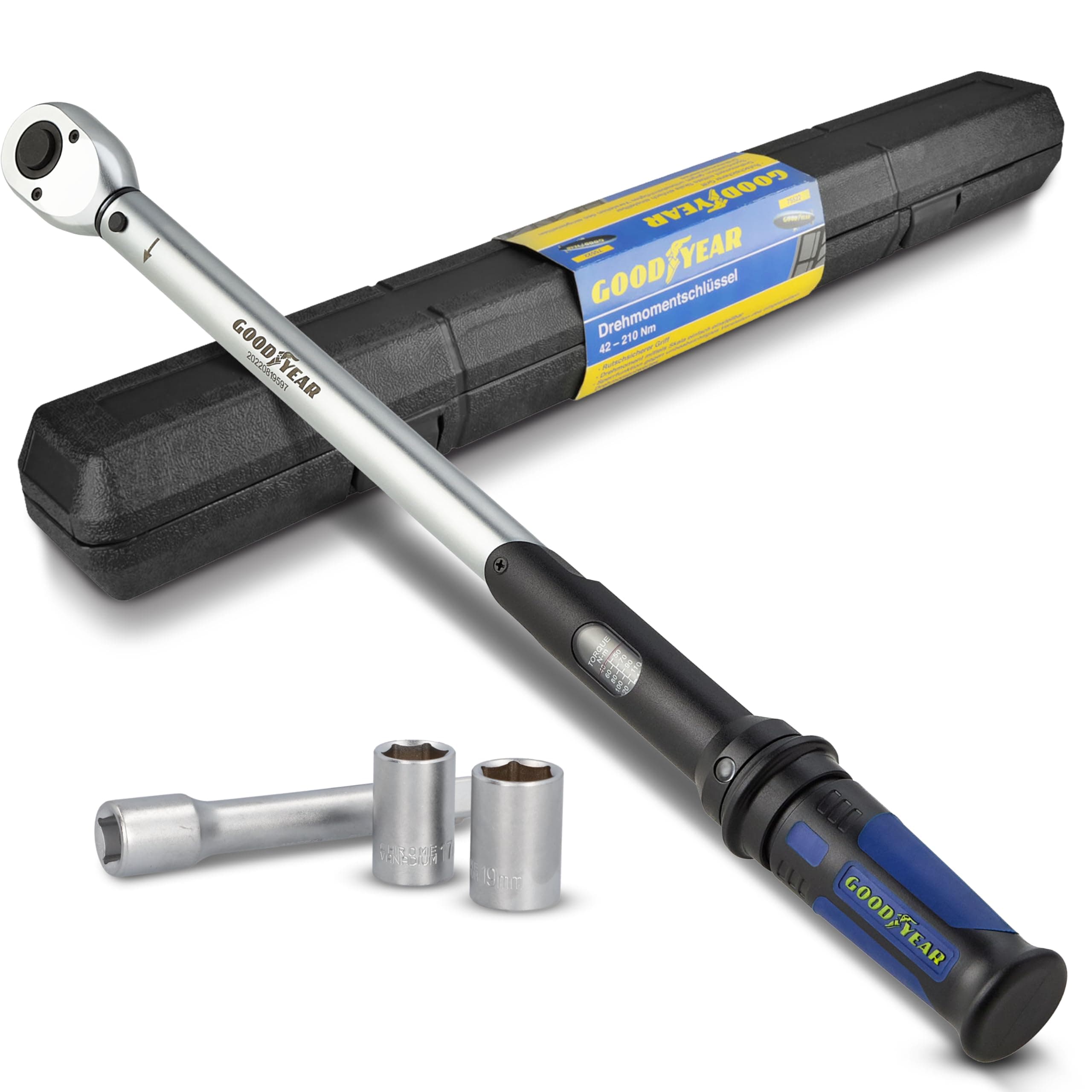 Goodyear Profi-Drehmomentschlüssel, Einstellbar von 40 bis 210 Nm, Antrieb 1/2" Vierkant, inkl. Verlängerung und Stecknüsse 17 mm und 19 mm