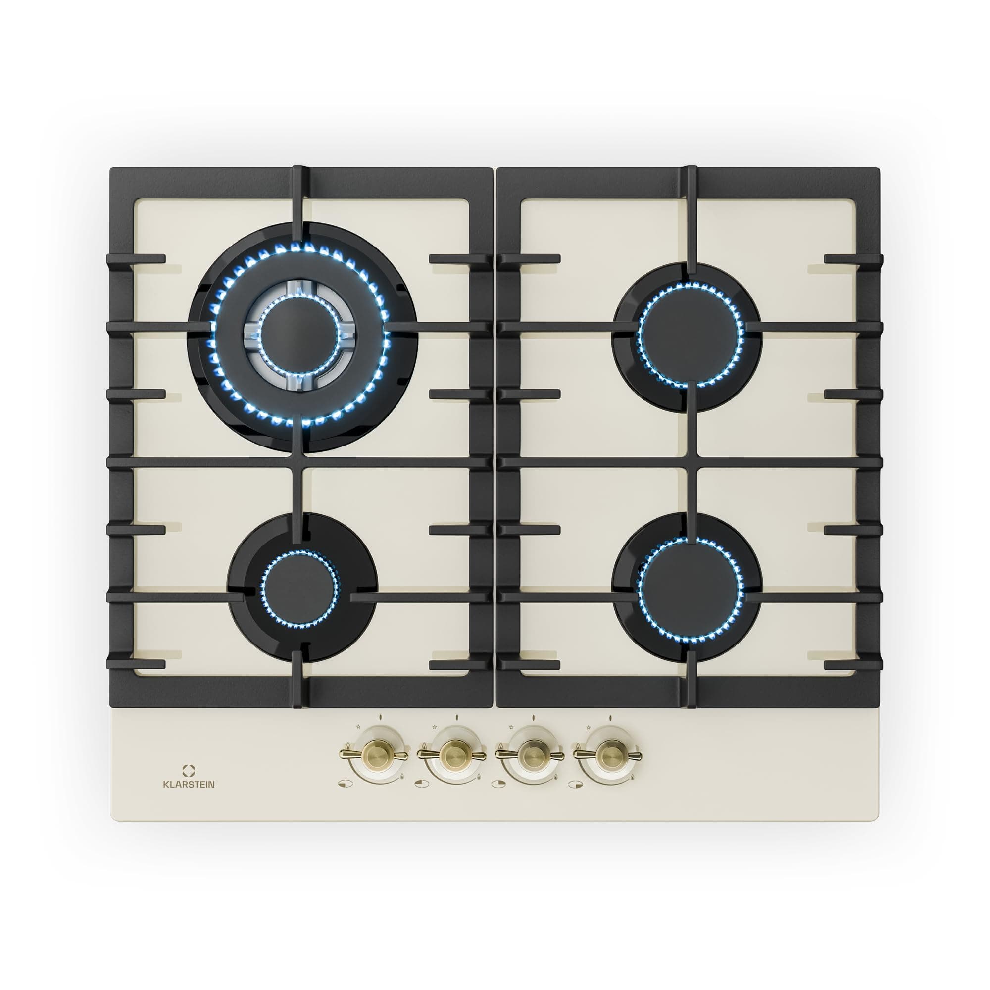 KLARSTEIN Victoria - Plaque de cuisson gaz 4 feux, pose libre, 60 cm, encastrable, gaz naturel/propane, soupapes de sécurité, arrêt automatique, croix en fonte -ivoire