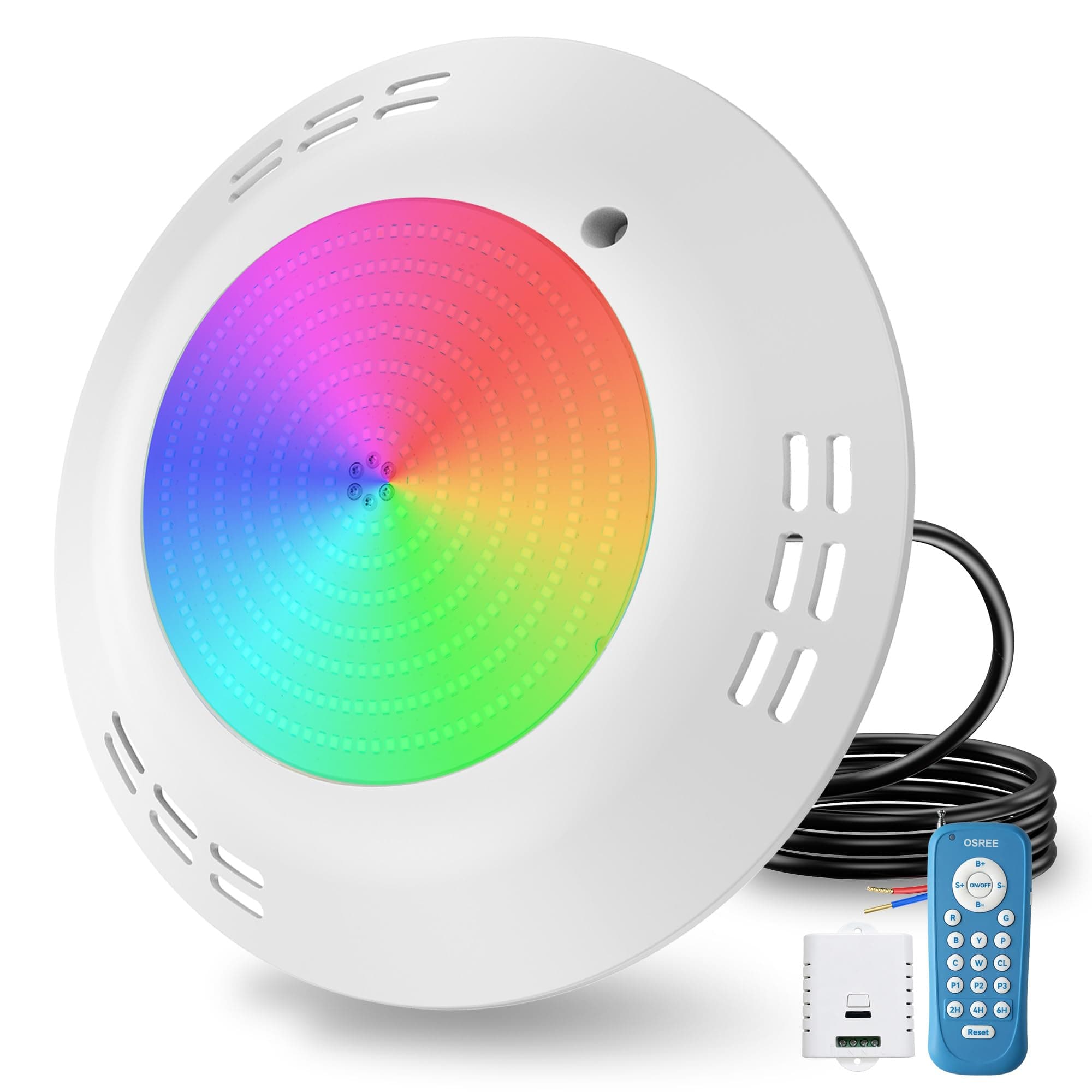 OSREE 35W Foco Piscina LED RGB de Superficie, Lámpara Piscina Multicolor Regulable 1400lm, Ø275mm, Temporizador 2/4/6H, Luz Piscinas Impermeable IP68 Relleno Resina con Control Remoto, 12V AC