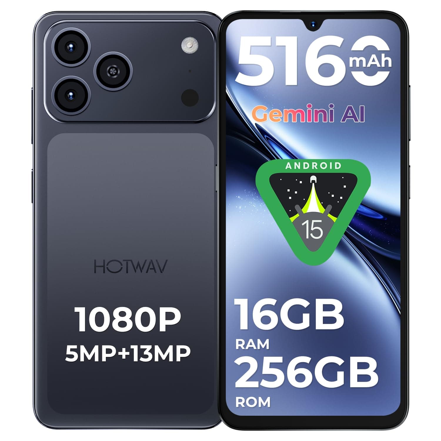 HOTWAV A17 Pro MAX Telefono Movil (2026) 16GB + 256GB 1TB Telefonos Moviles Libres, Batería 5160mAh, 6.75" HD+ Pantalla Android 15 Smartphone, Cámara 13MP+5MP, 4G Dual SIM/WiFi 6/Face ID/GPS