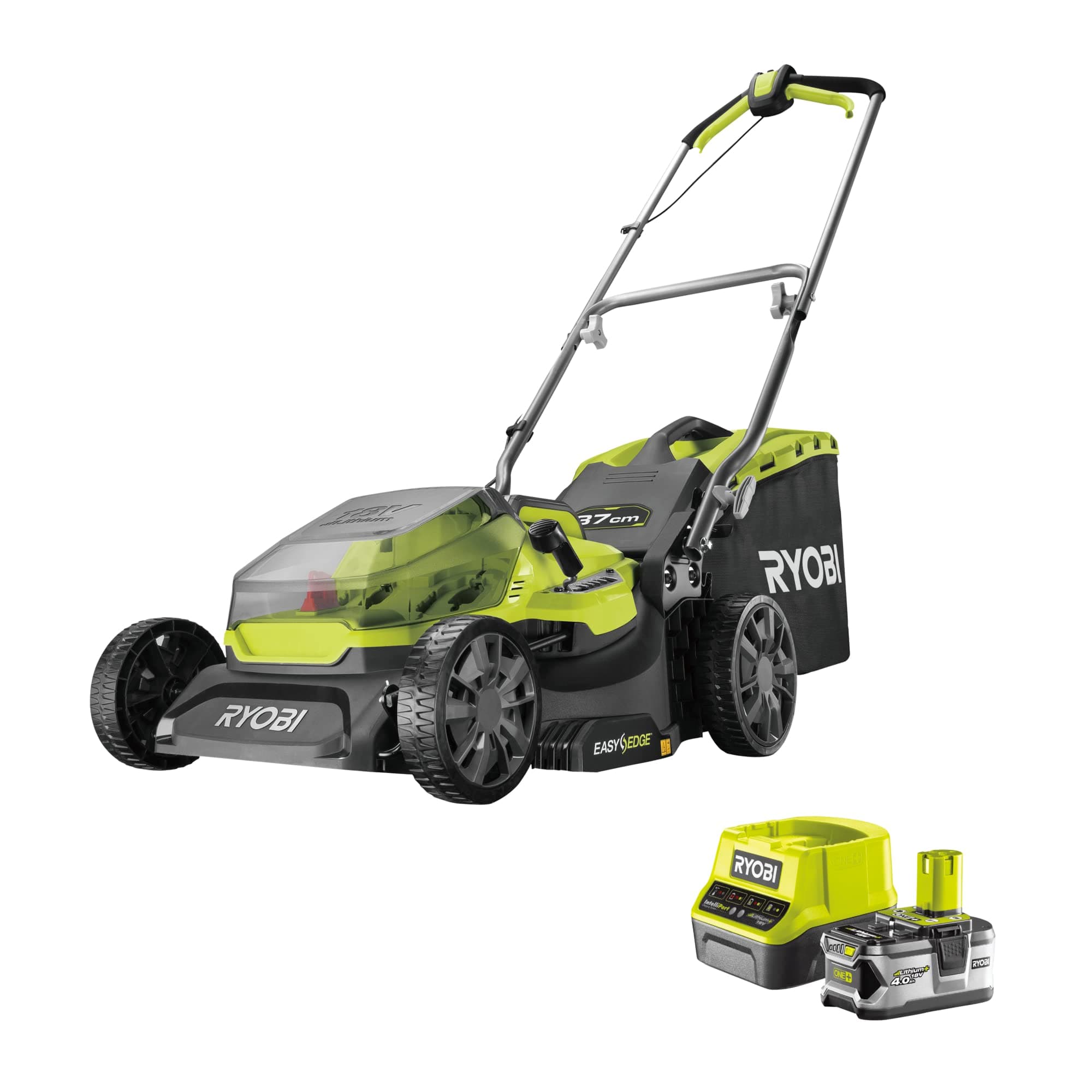 Ryobi RY18LM37A‑140 Tagliaerba Brushless a Batteria 18 V ONE+, Larghezza 37 cm, 6 Livelli Altezza, EasyEdge™, Sacco 45 L, Batteria 4 Ah e Caricabatterie Inclusi