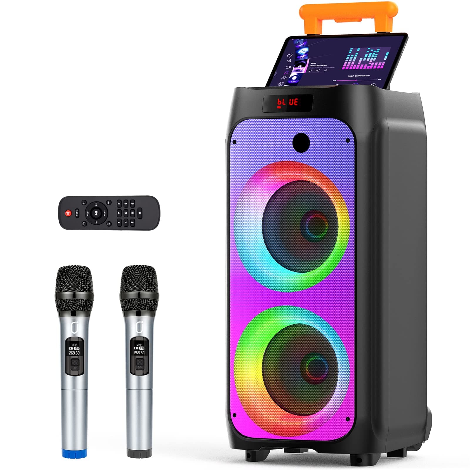 JYX Karaoke con 2 Microfoni Wireless, Grande altoparlante Bluetooth con Ruote e Luci da Discoteca, Sistema PA Subwoofer, Karaoke Professionale Completo Supporto TWS/USB/SD Card/AUX/Rec per feste