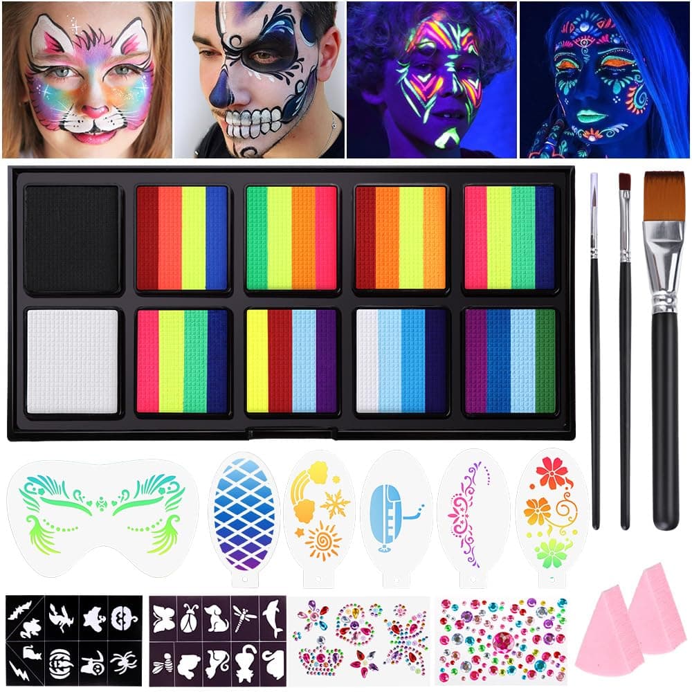 Janolia Pintacaras Infantil, 34 Colores UV Fluorescente Pinturas Cara para Niños con 3 Pinceles, Pintura Cara Niños Hipoalergenica, Neon Pintura Facial y Corporal Seguridad Halloween Fiesta Carnaval