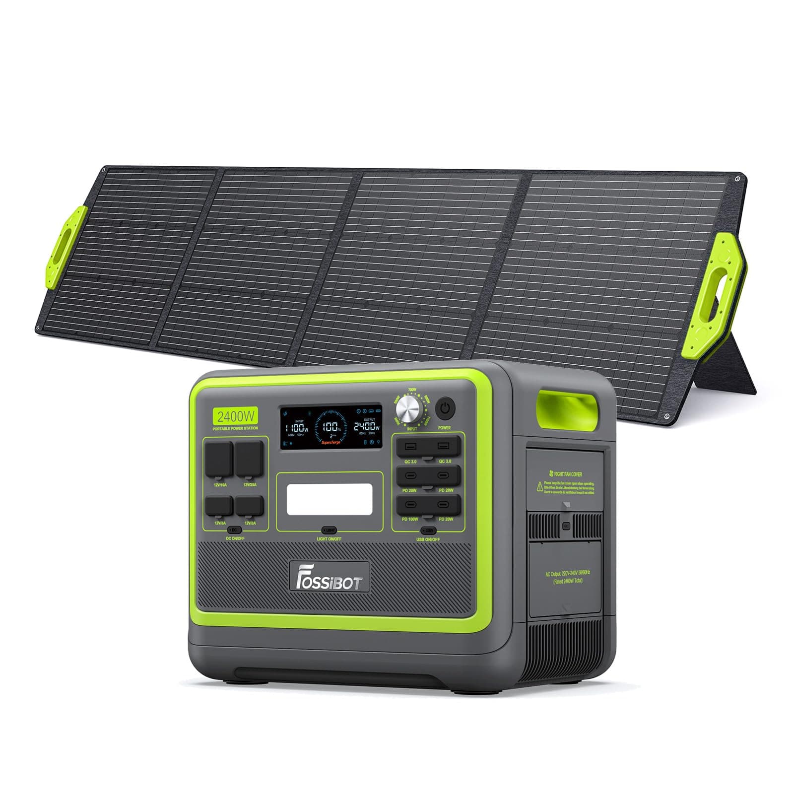 FOSSiBOT F2400 Générateur Solaire avec Panneau Solaire 200W, 2048Wh LiFePO4 Generateur Electrique Portable UPS, 3 Sortie CA 2400W (4800W Pic), 1100W Charge Rapide Power Station pour Camping, Voyage