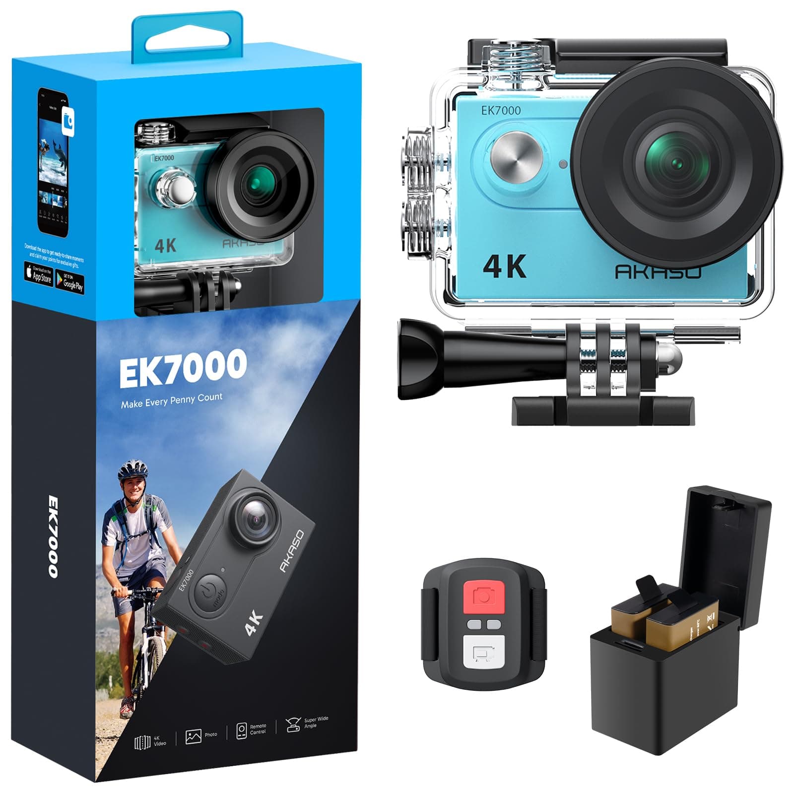 AKASO EK7000 Cámara Deportiva 4K 30FPS - 20MP Cámara de Acción Ultra HD Gran Ángulo 170° con Control Remoto, Cámara Sumergible Acuática 30M Impermeable con Kit de Accesorios - Azul
